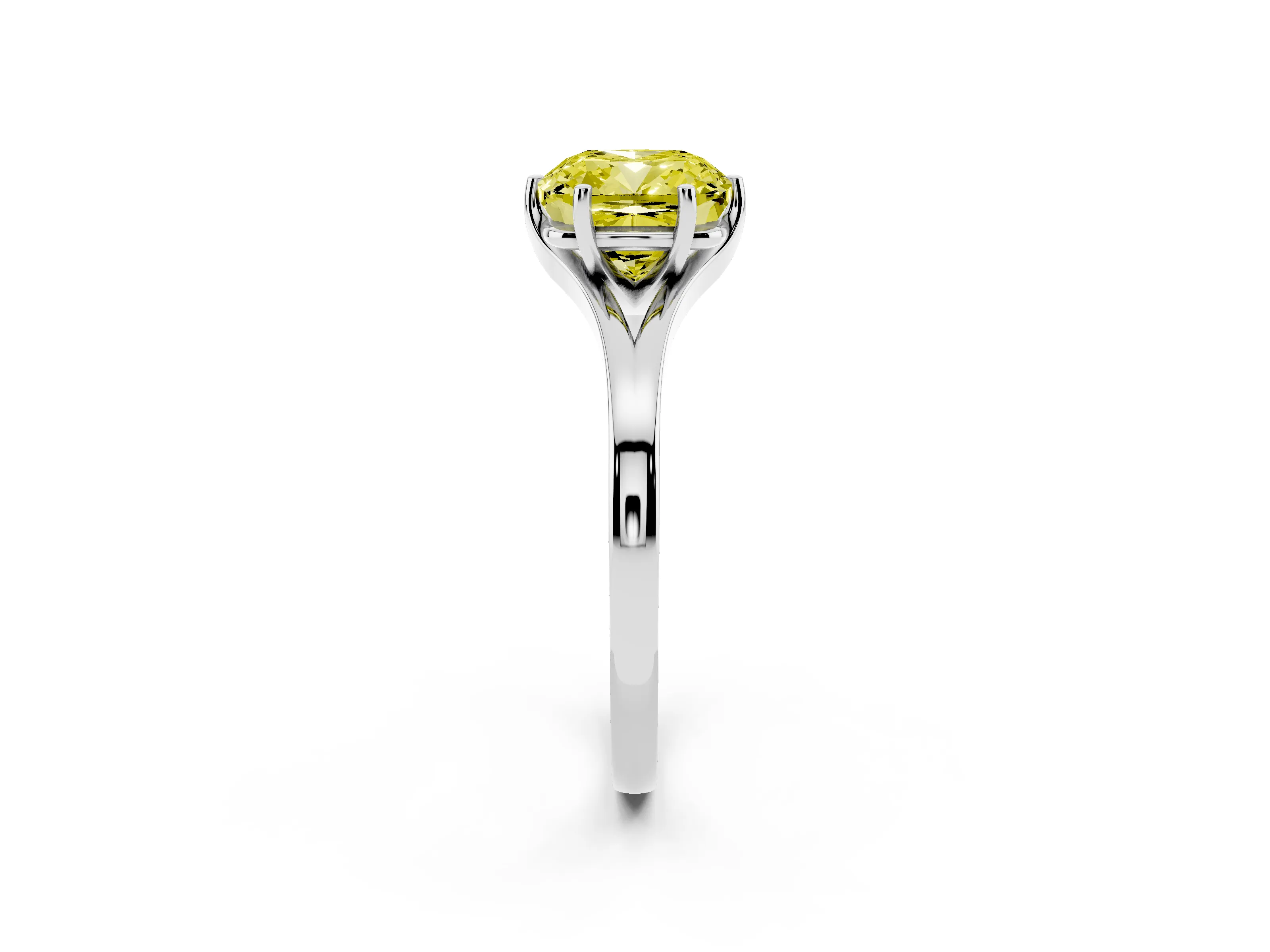 Fancy Yellow Cushion Cut Diamond Solitaire Ring Set in White gold with Polished Tapered Band and Prong Setting