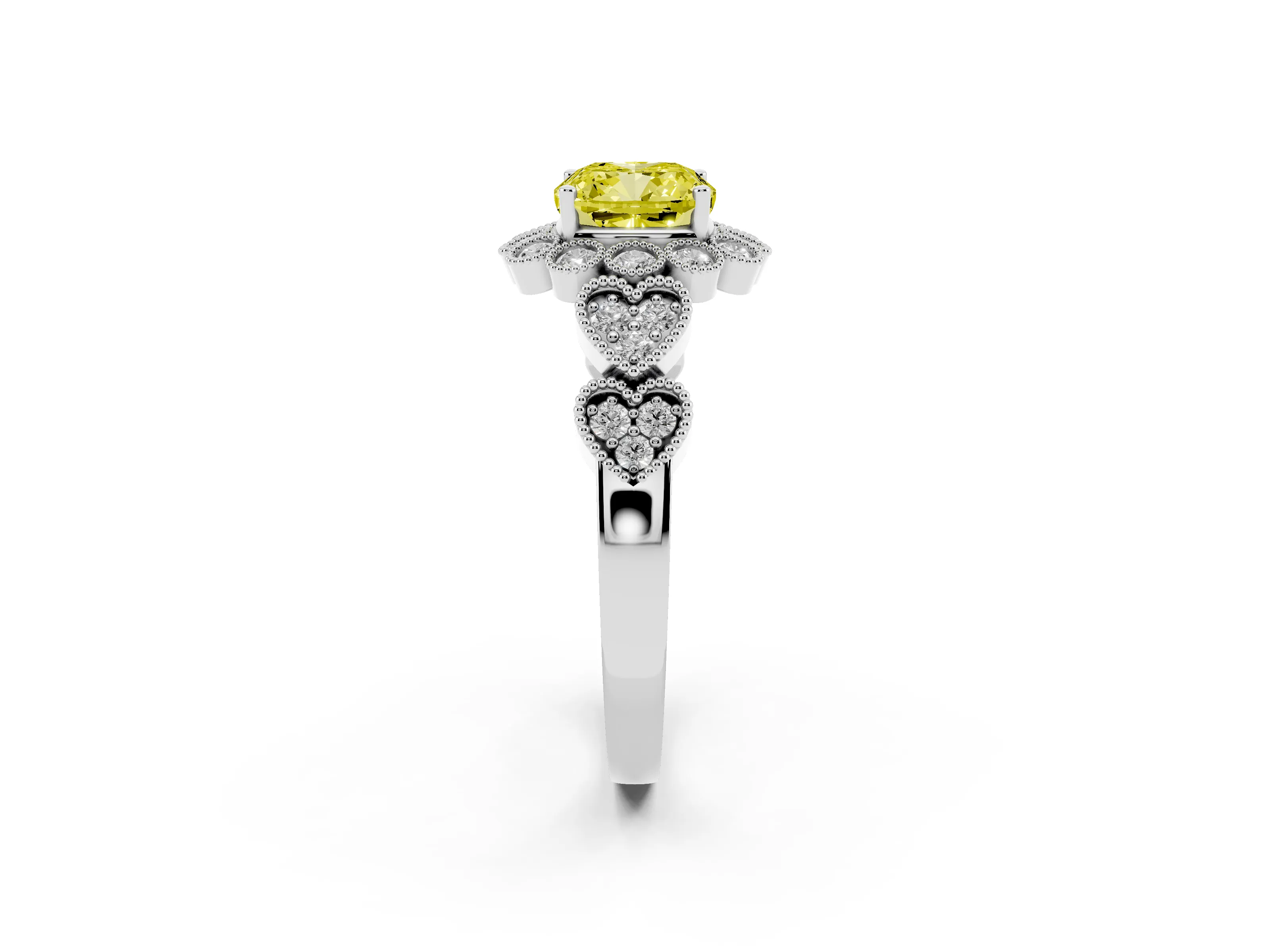 Fancy Yellow Cushion Cut Diamond Solitaire Ring Set in Platinum with Milgrain Pavé Heart Band