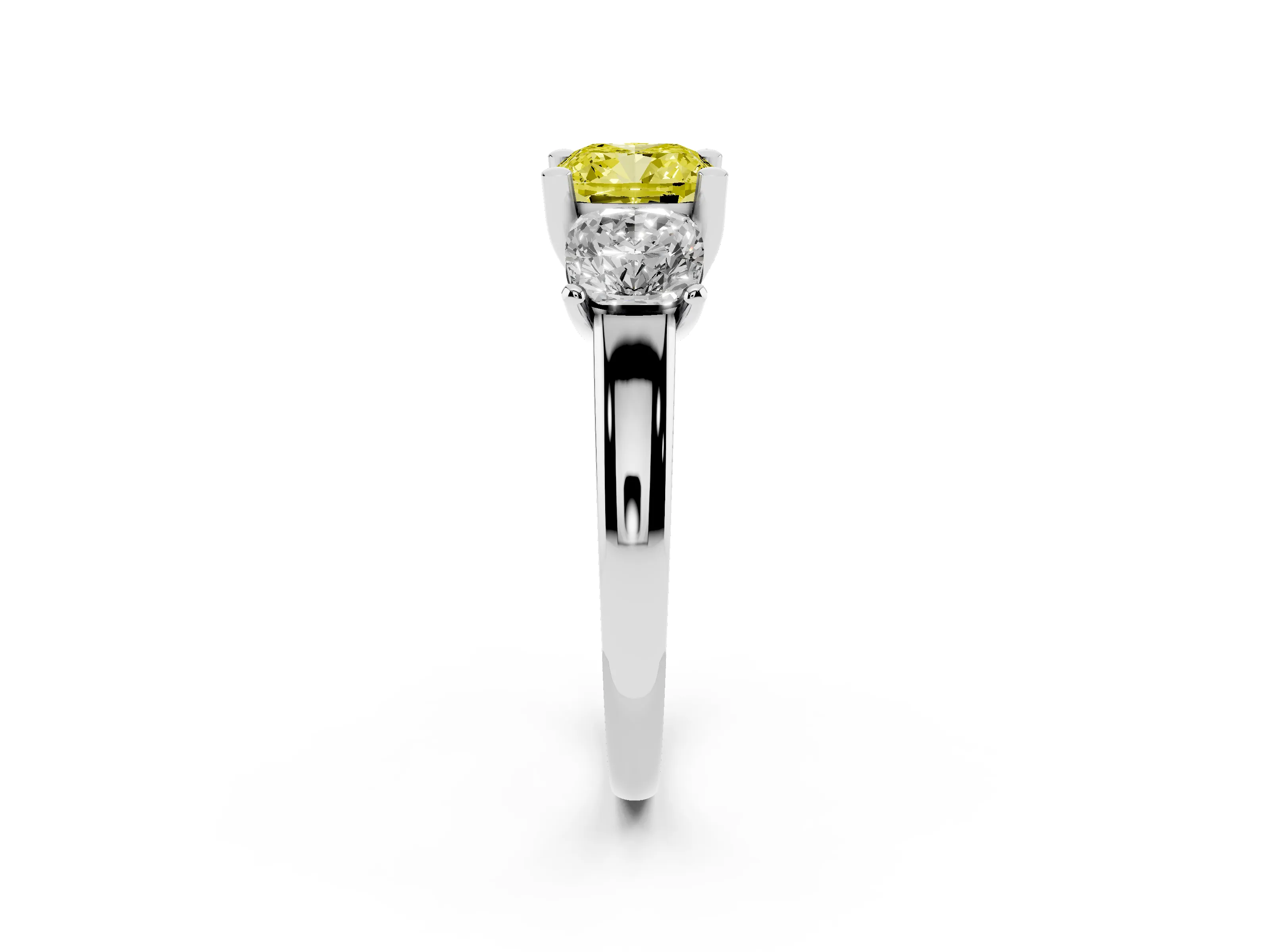 Fancy Yellow Cushion Cut Diamond Three-Stone Ring Set in White gold with Classic Prong Setting and Plain Band