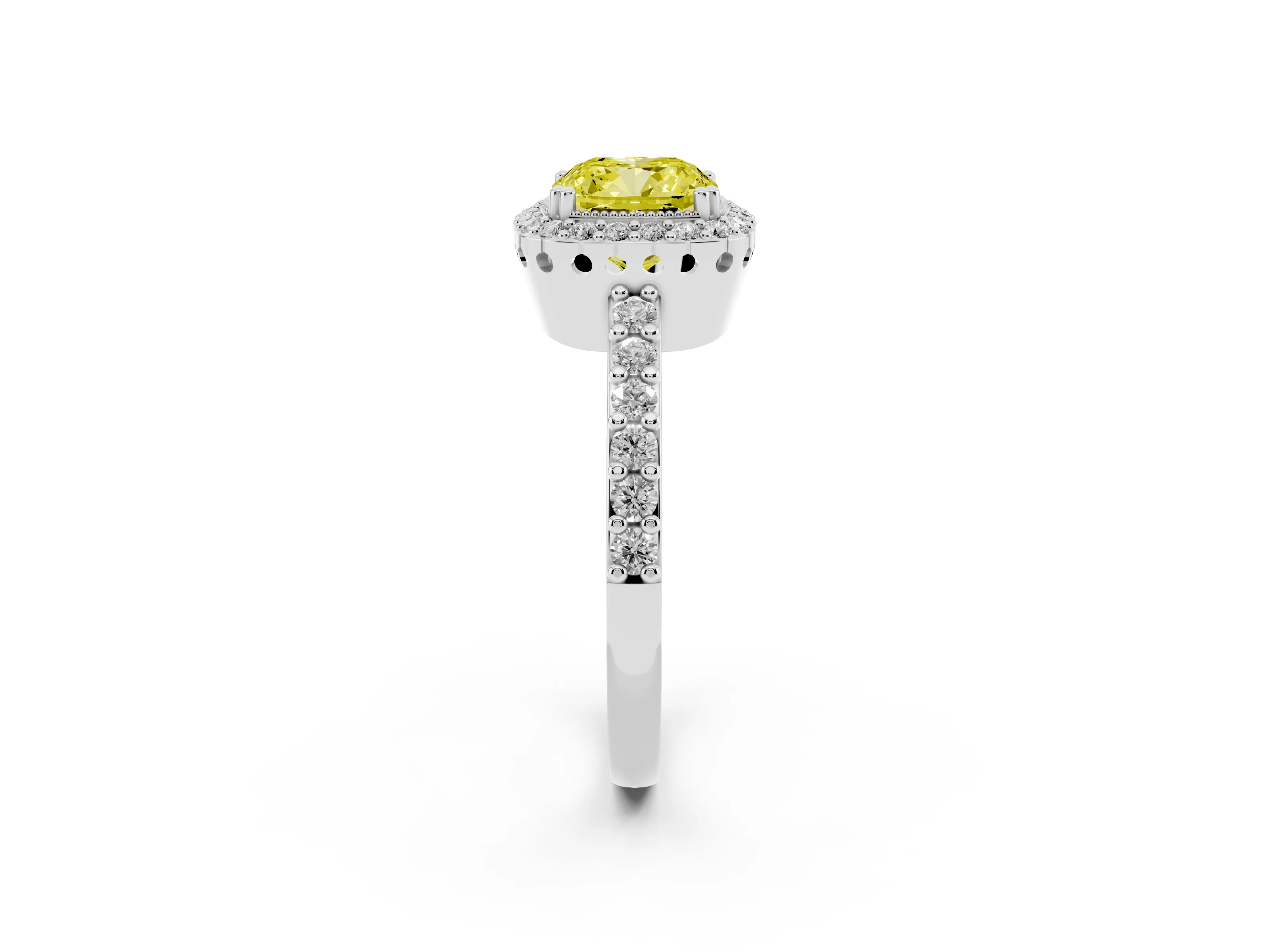 Fancy Yellow Cushion Cut Diamond Halo Engagement Ring Set in Silver with Milgrain Detail and Pavé Band