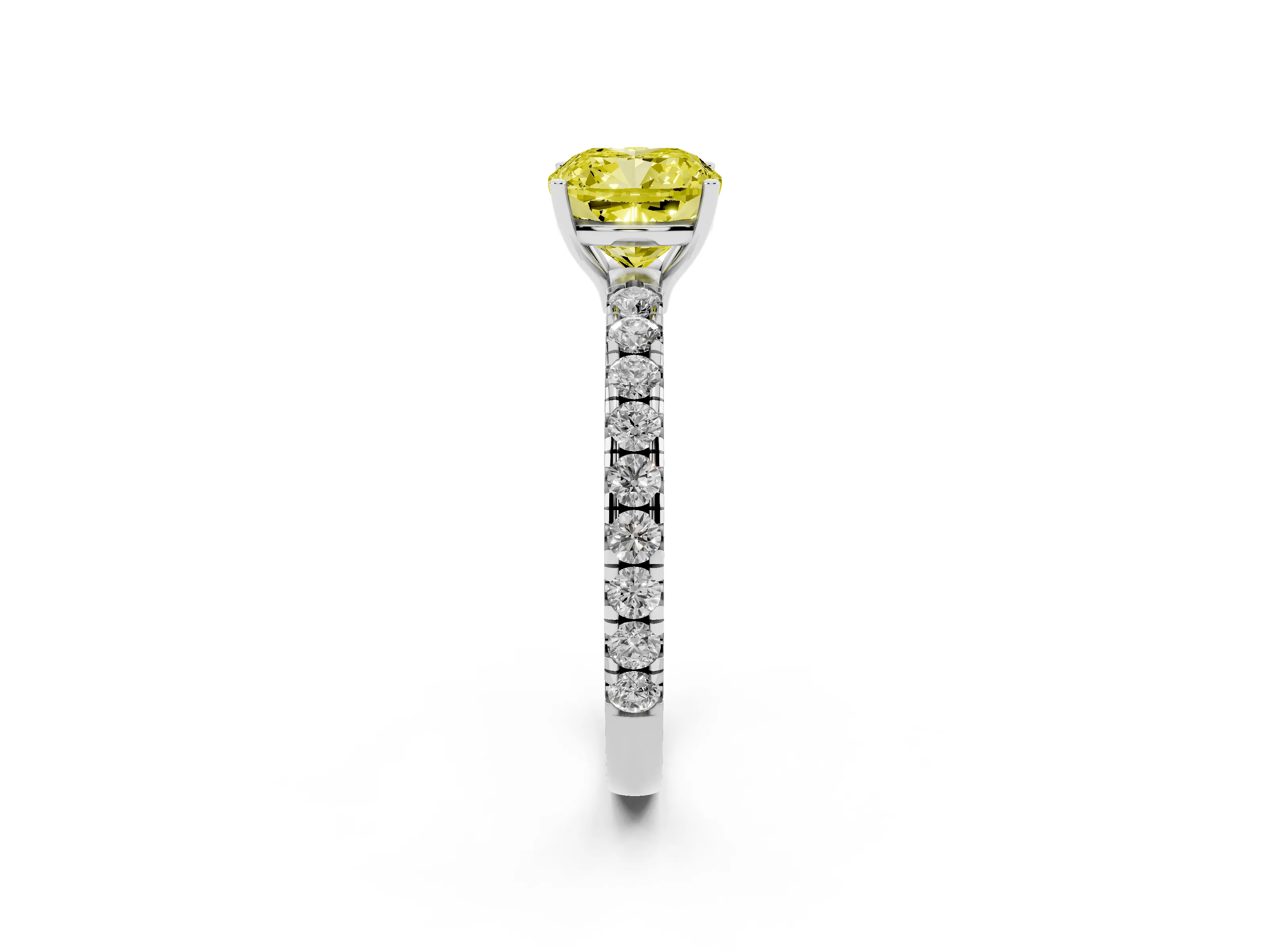 Fancy Yellow Cushion Cut Diamond Pavé Solitaire Engagement Ring Set in White gold with Prong Setting