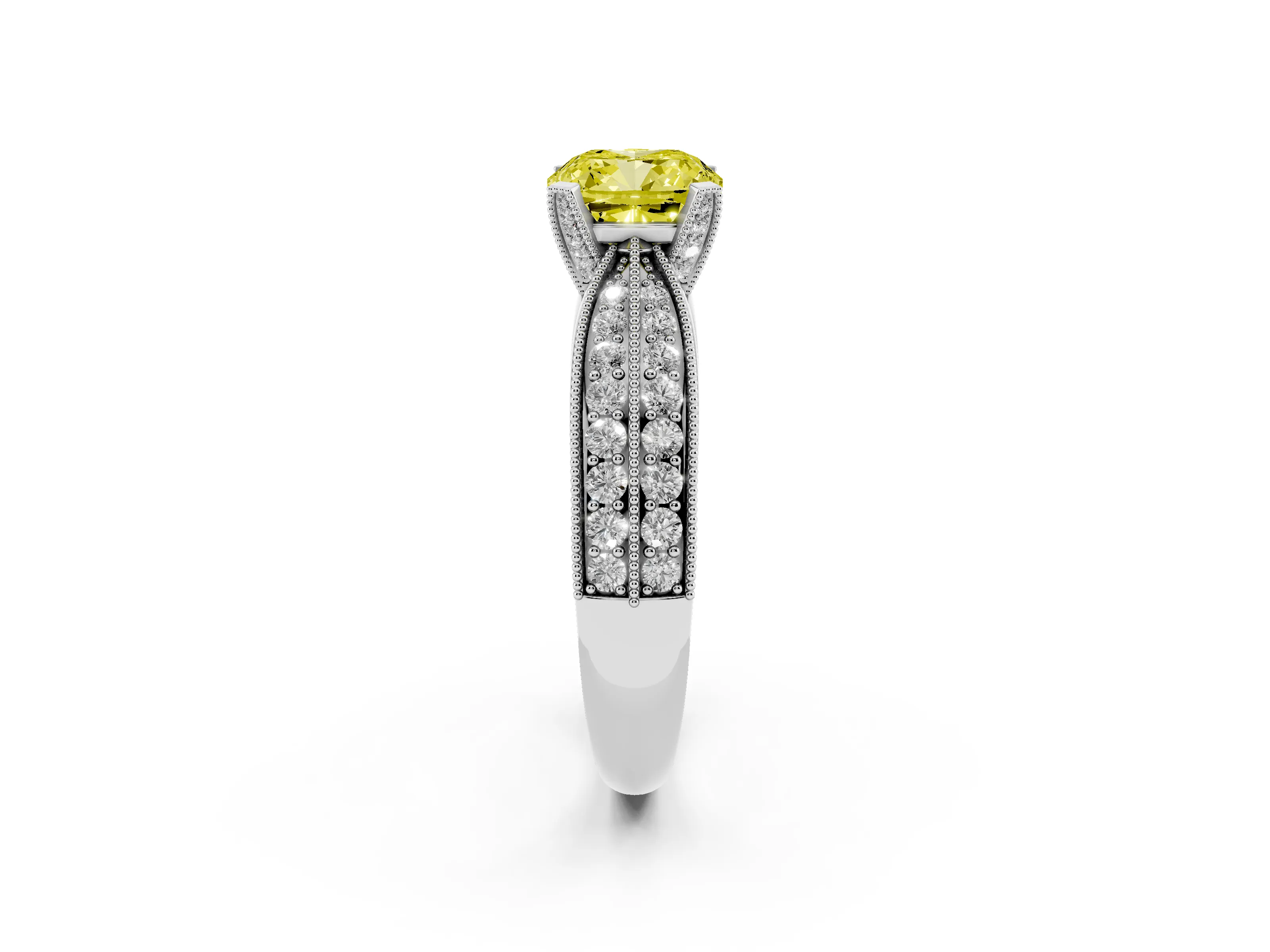 Fancy Yellow Cushion Cut Diamond Solitaire Ring Set in Platinum with Milgrain Double Row Round Pavé Band