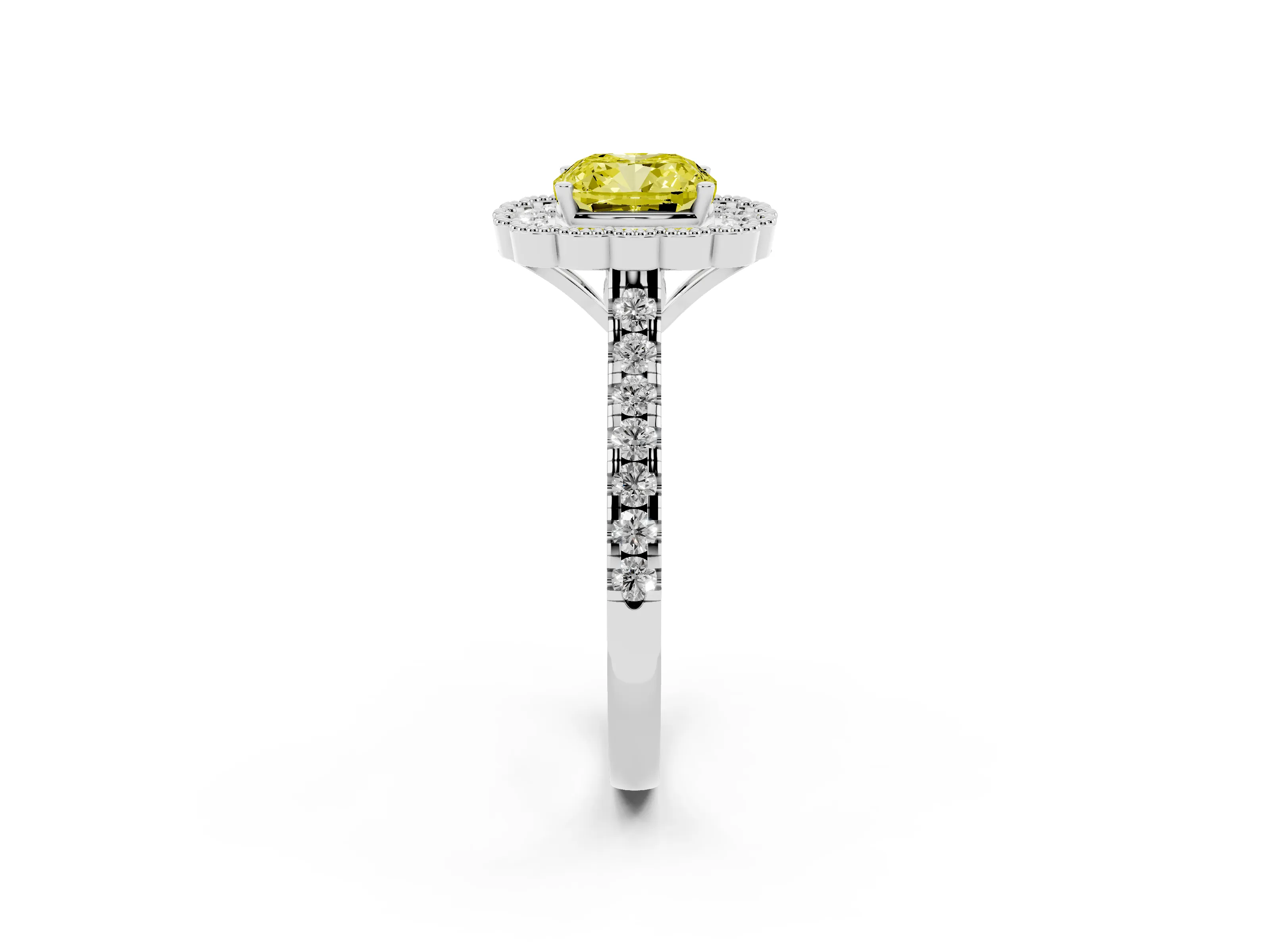 Fancy Yellow Cushion Cut Diamond Milgrain Floral Halo Engagement Ring Set in White gold with Pavé Band