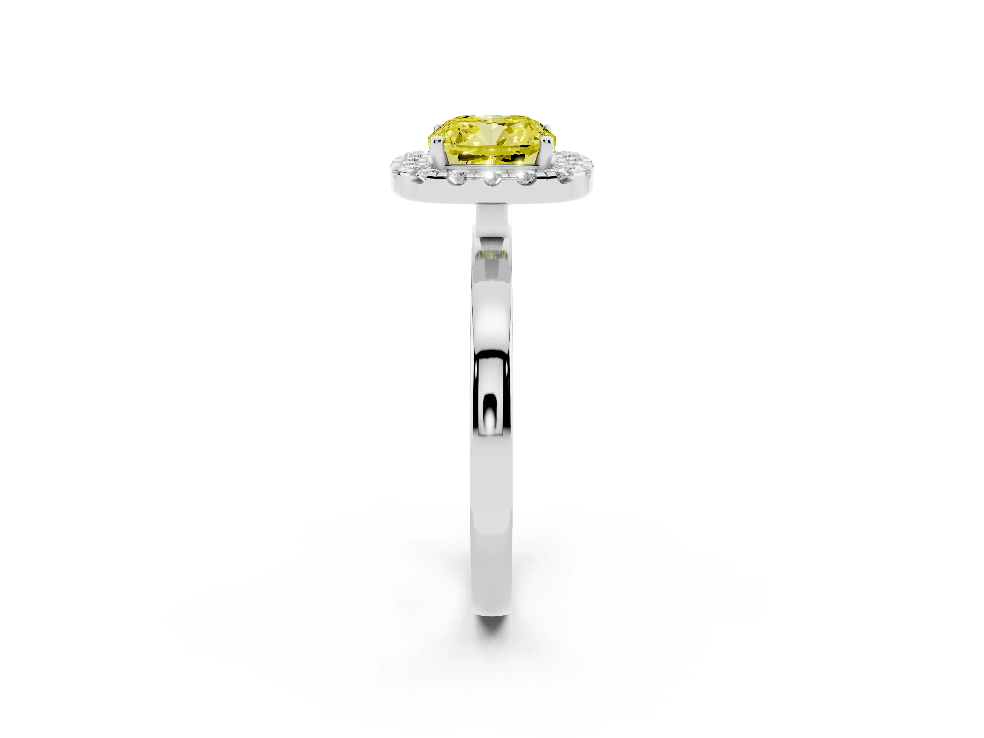 Fancy Yellow Cushion Cut Diamond Halo Solitaire Ring Set in White gold with Pavé Band and Prong Setting
