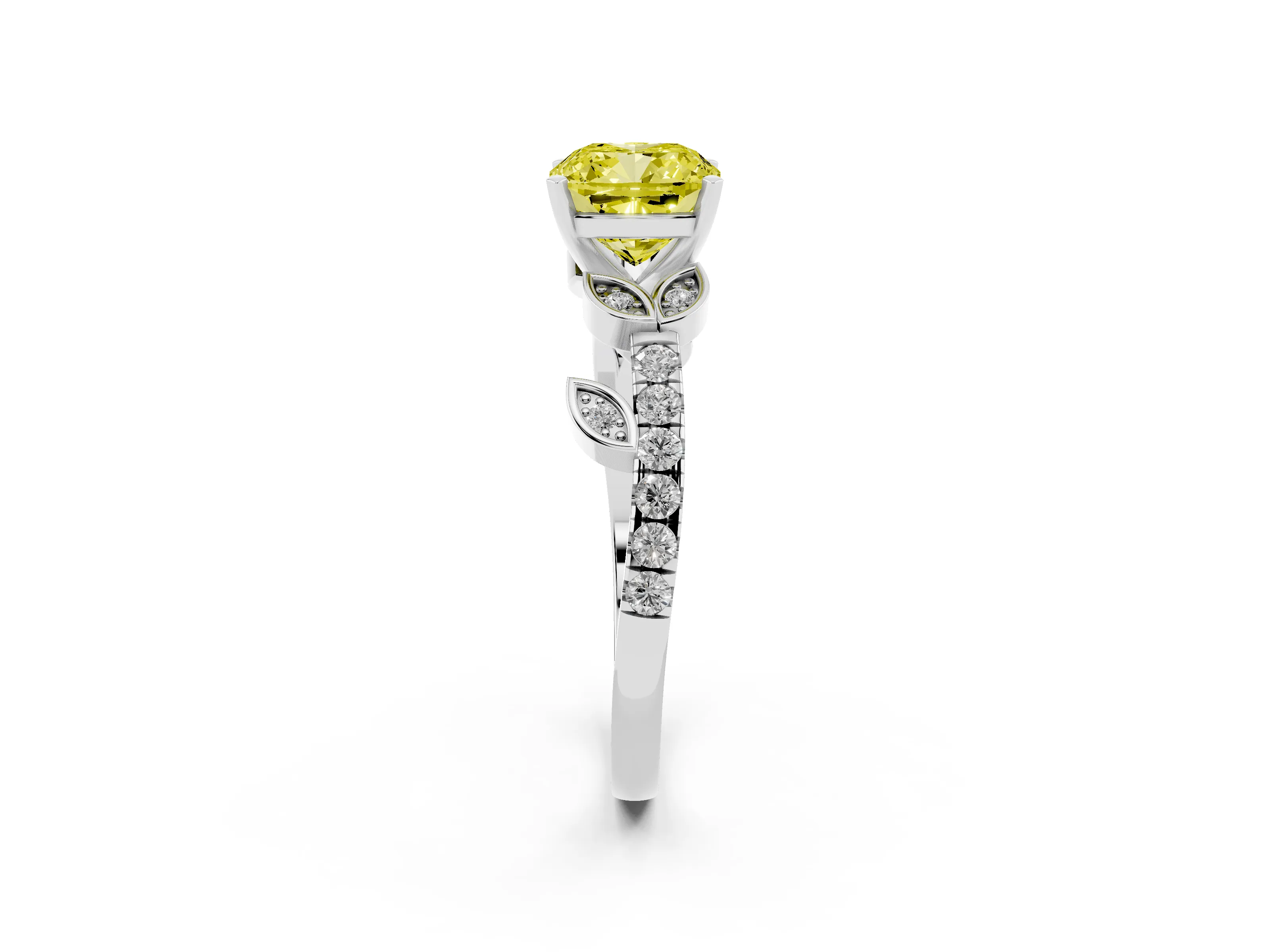 Fancy Yellow Cushion Cut Diamond Solitaire Leaf-Inspired Ring Set in Platinum with Pavé Band and Prong Setting
