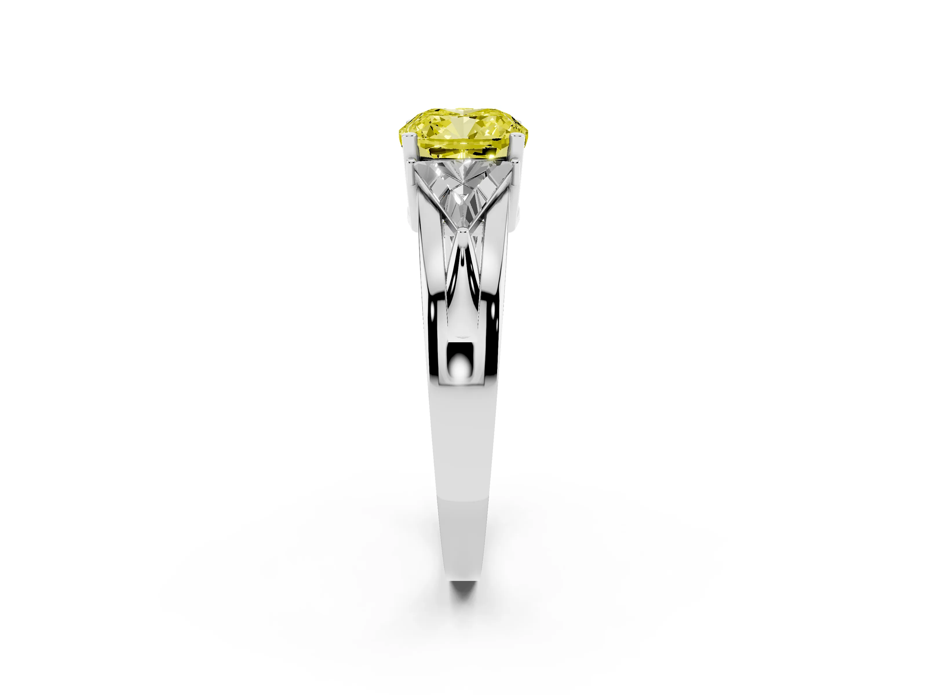 Fancy Yellow Cushion Cut Diamond Three-Stone Ring Set in White gold with Trillion Side Stones and Split Shank