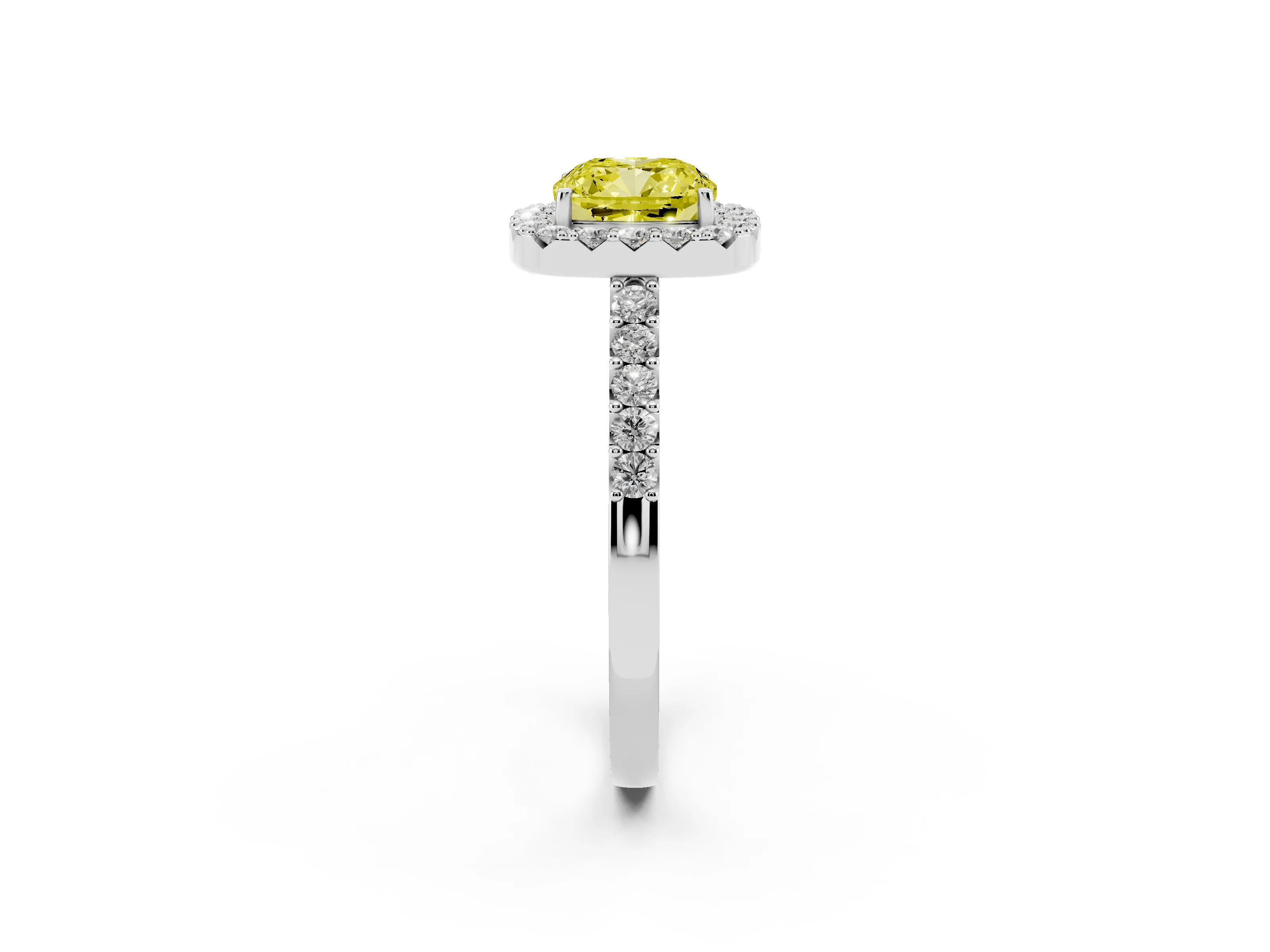 Fancy Yellow Cushion Cut Diamond Halo Pavé Solitaire Ring Set in Silver with Prong-Set Center Stone