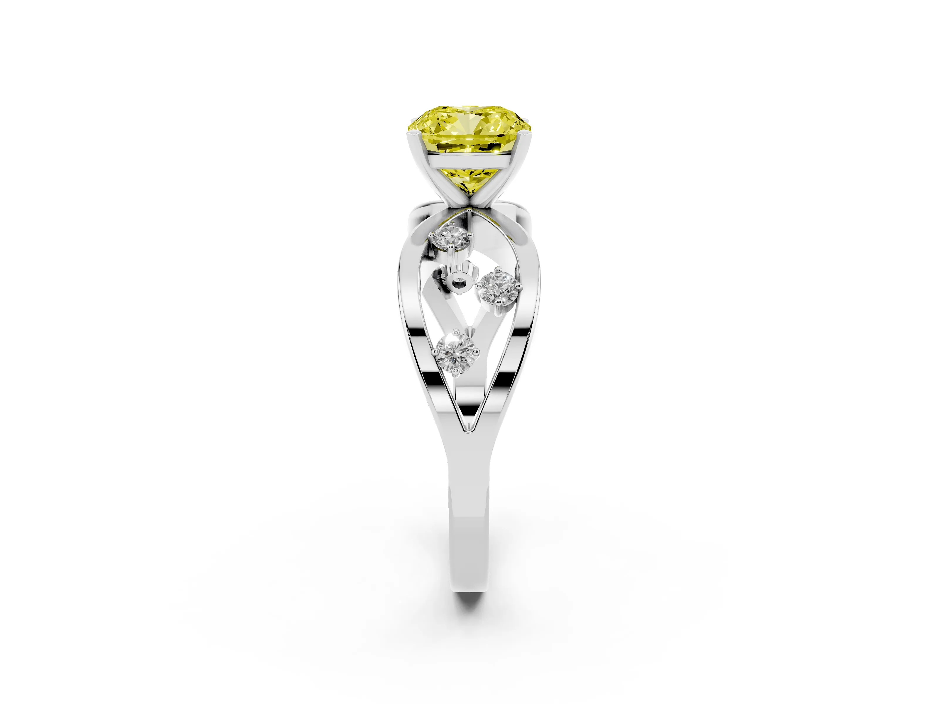 Fancy Yellow Cushion Cut Diamond Solitaire Ring Set in Platinum with Side Stones on Criss-Cross Band and Prong Setting