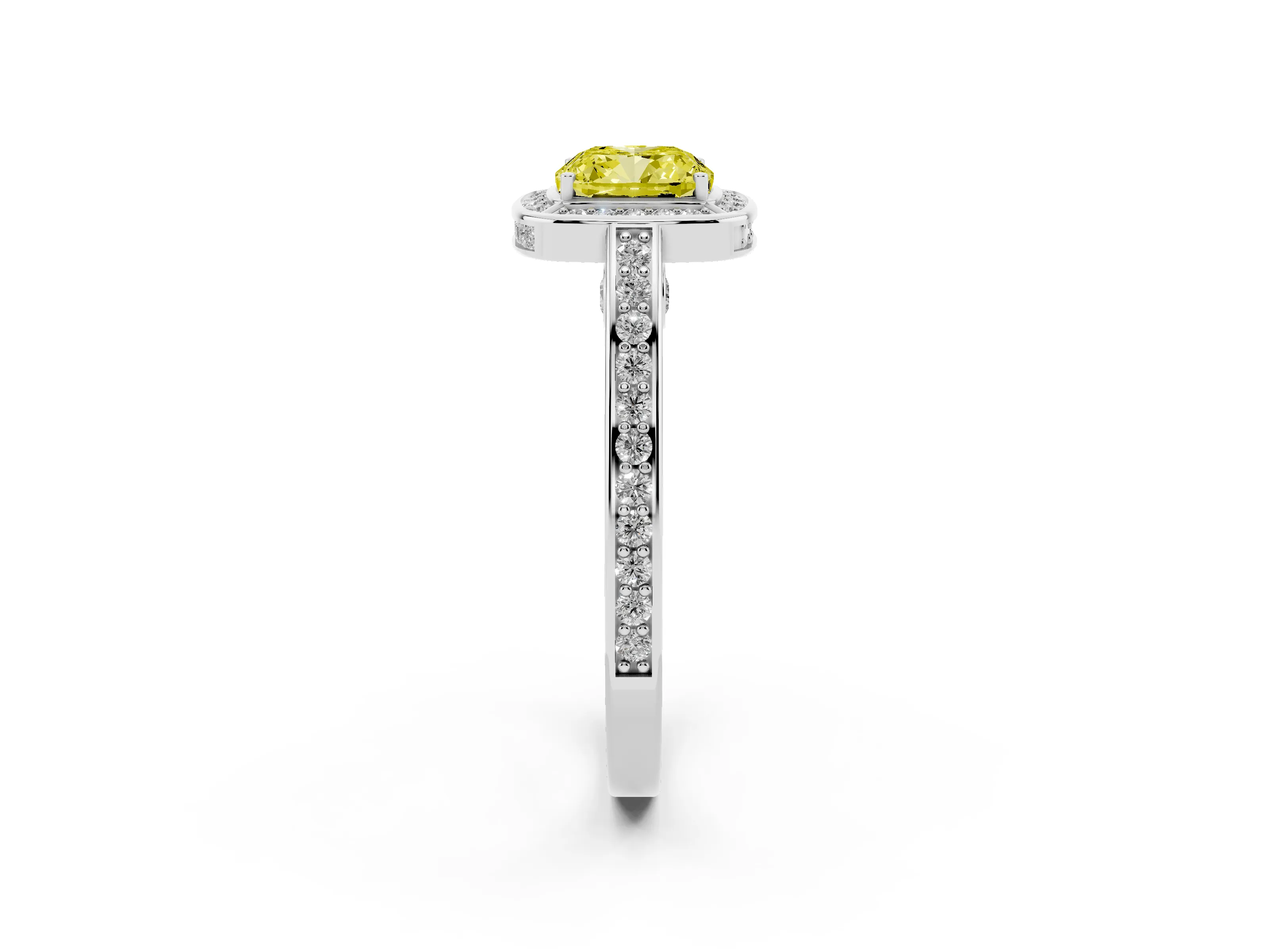 Fancy Yellow Cushion Cut Diamond Halo Pavé Split Shank Ring Set in Silver with Prong Setting
