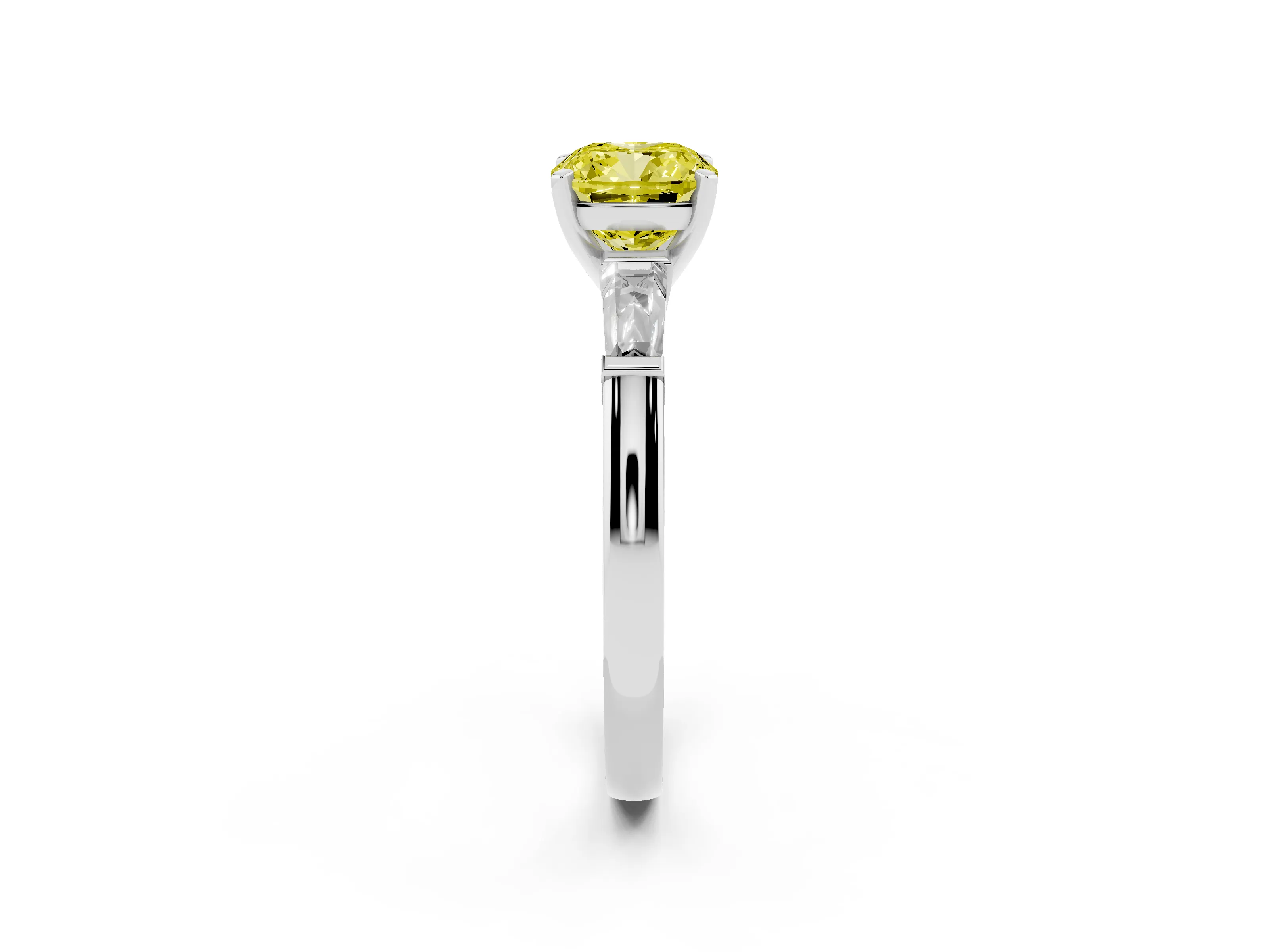 Fancy Yellow Cushion Cut Diamond Solitaire Ring Set in White gold with Tapered Baguette Side Stones and Prong Setting