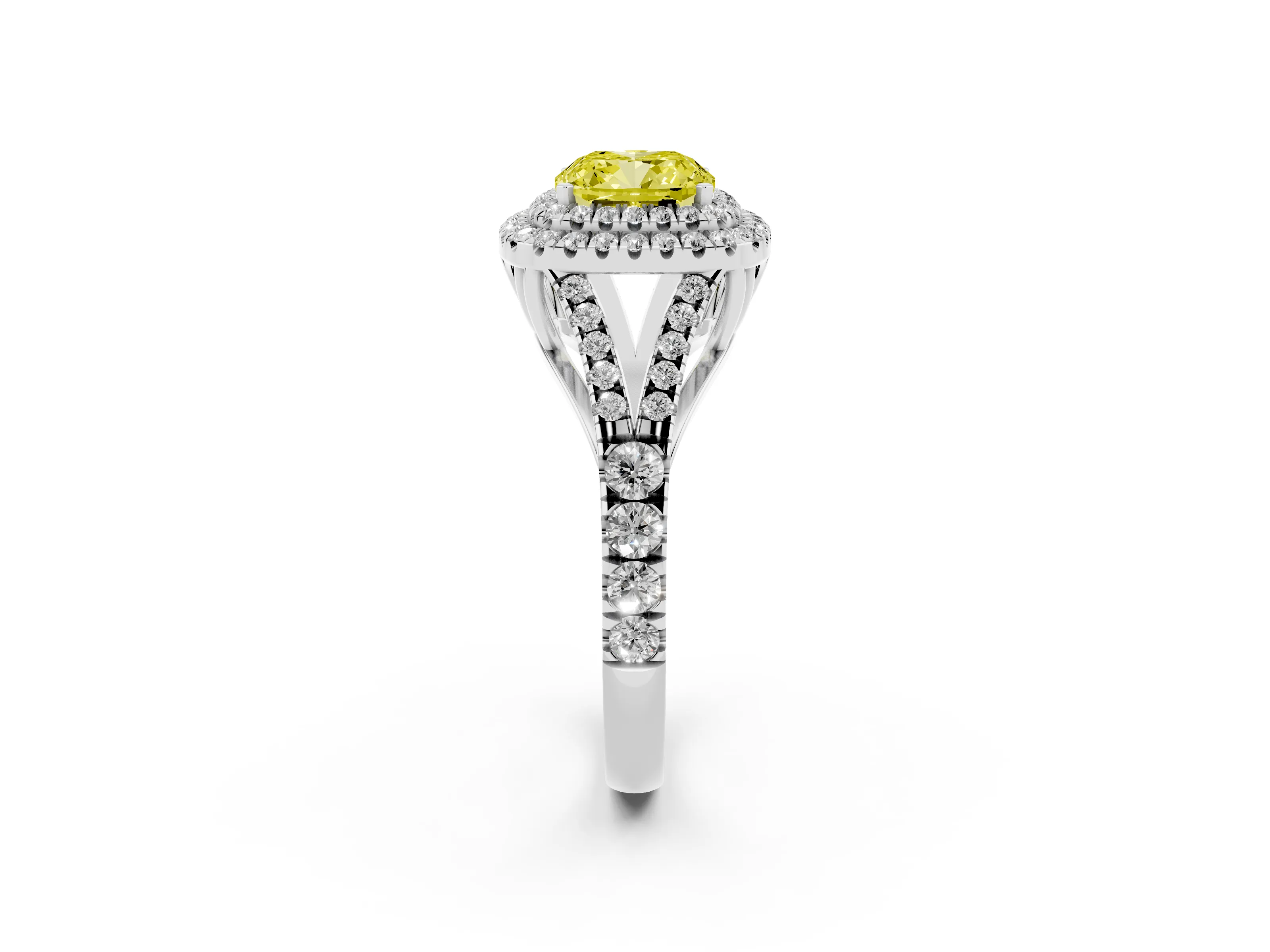 Fancy Yellow Cushion Cut Diamond Pavé Split Shank Double Halo Engagement Ring Set in Platinum