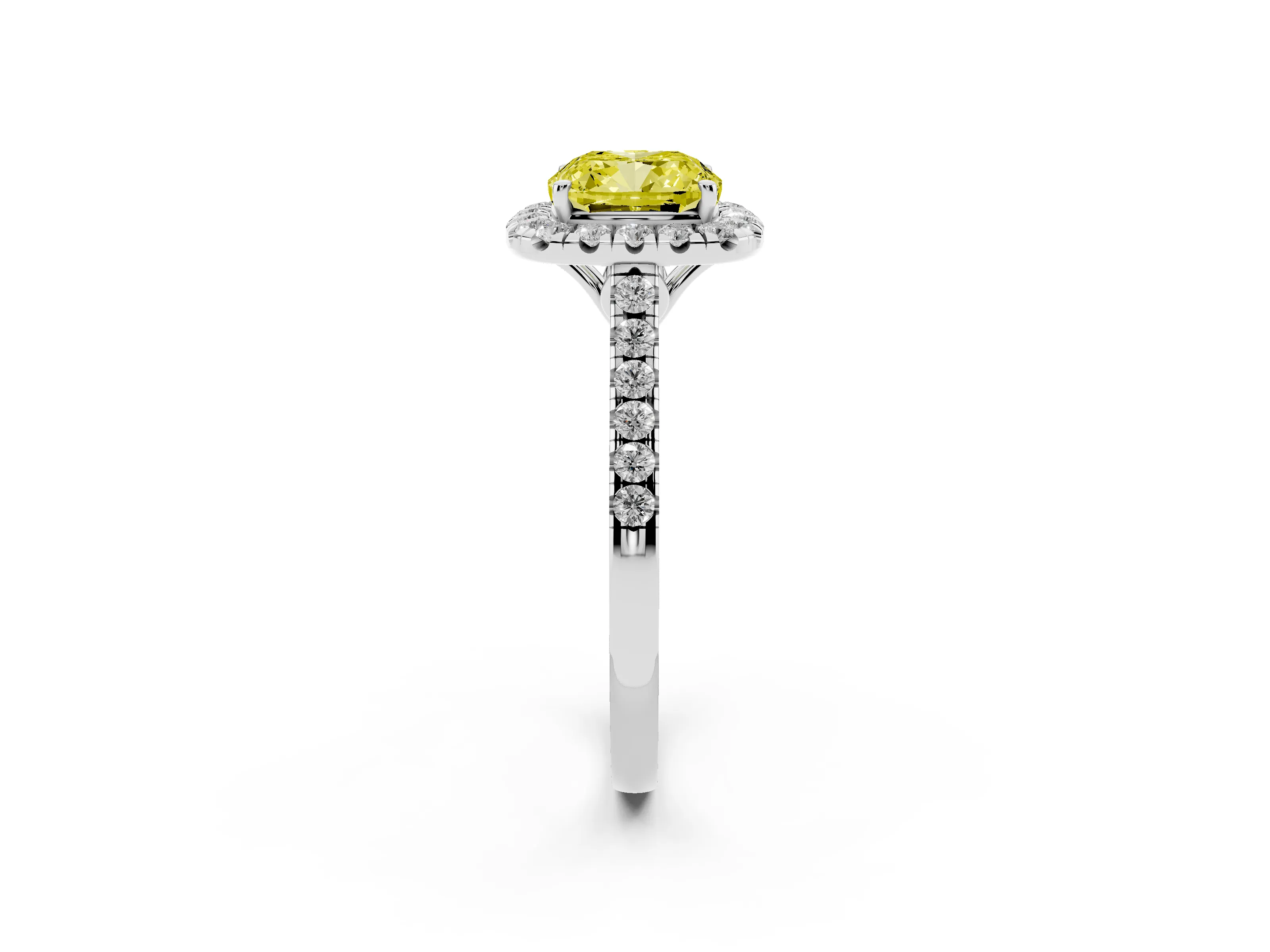Fancy Yellow Cushion Cut Diamond Pavé Halo Engagement Ring Set in Platinum with Pavé Band and Prong Setting