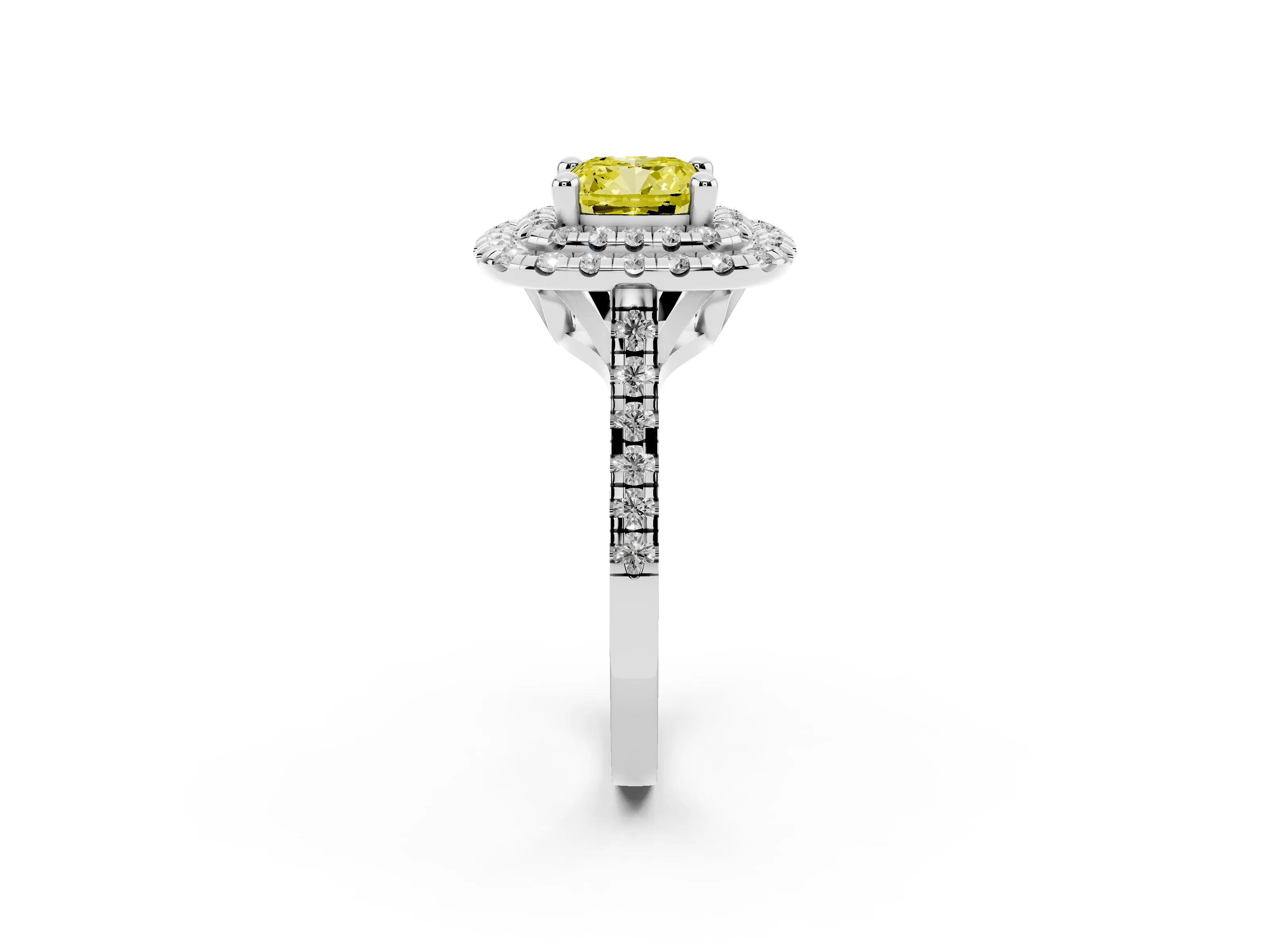 Fancy Yellow Cushion Cut Diamond Double Halo Statement Ring Set in Platinum with Pavé Band