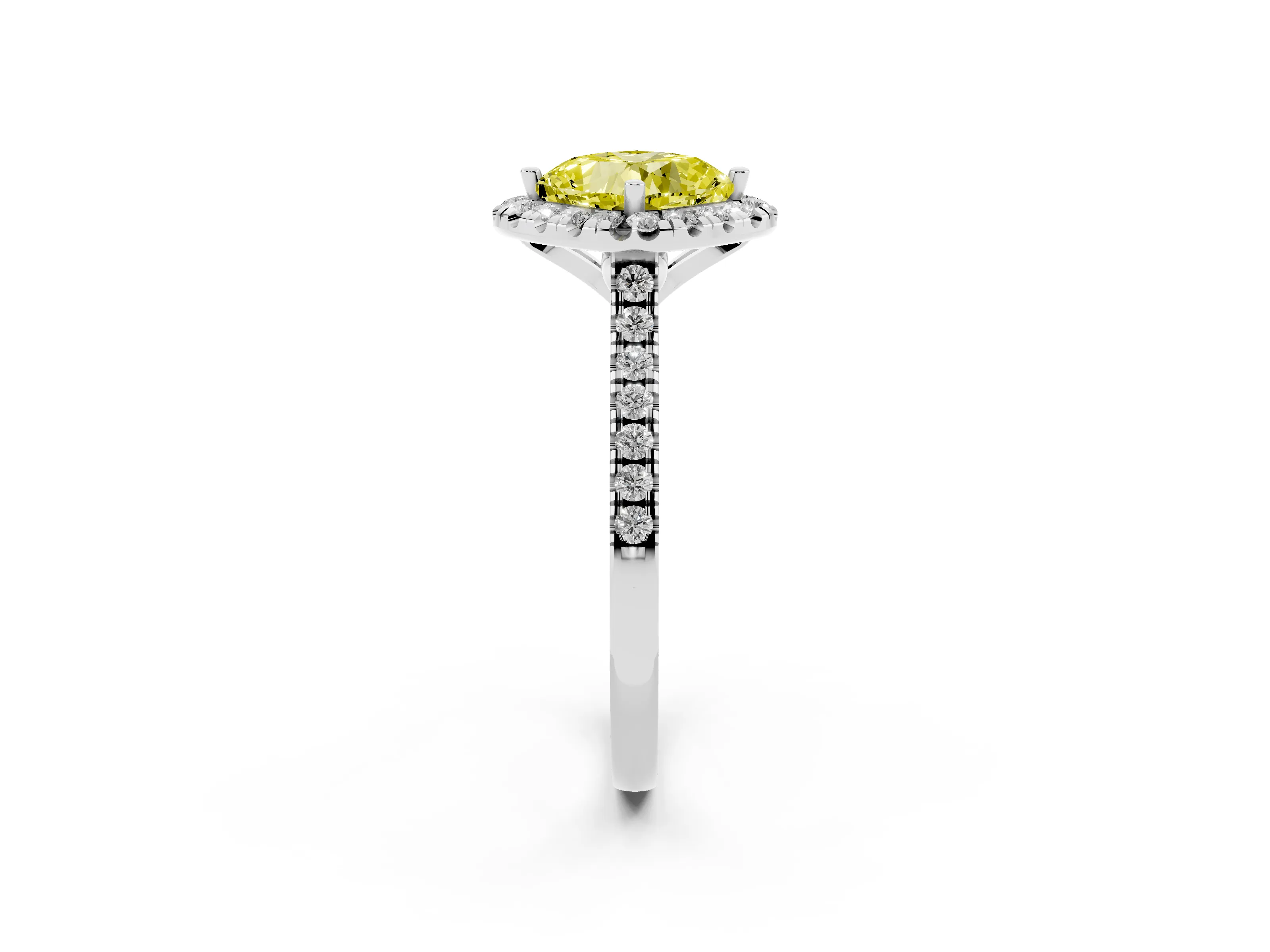 Fancy Yellow Cushion Cut Diamond Cushion Halo Ring Set in White gold with Pavé Band