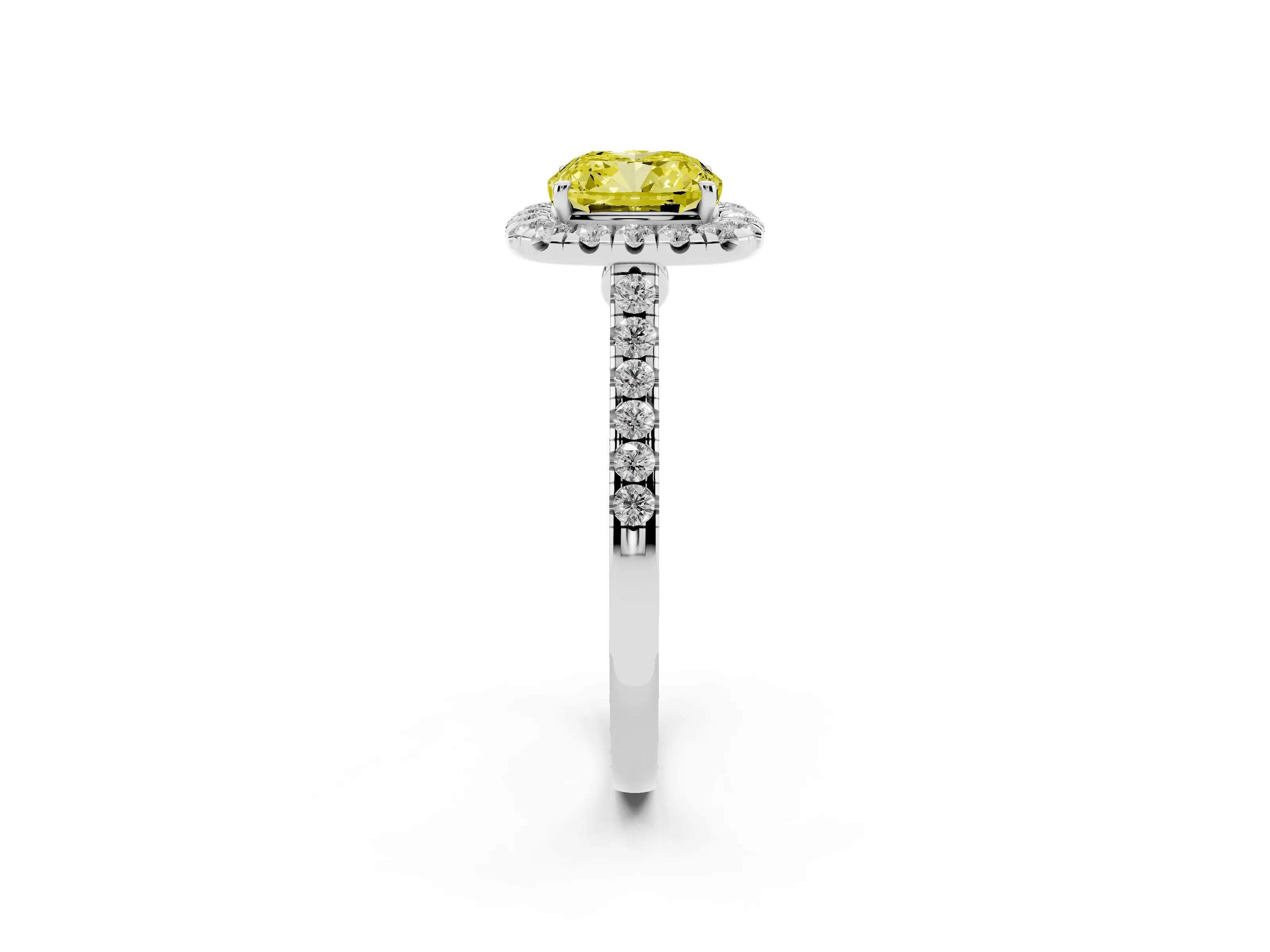 Fancy Yellow Cushion Cut Diamond Halo Pavé Engagement Ring Set in White gold with Prong Setting