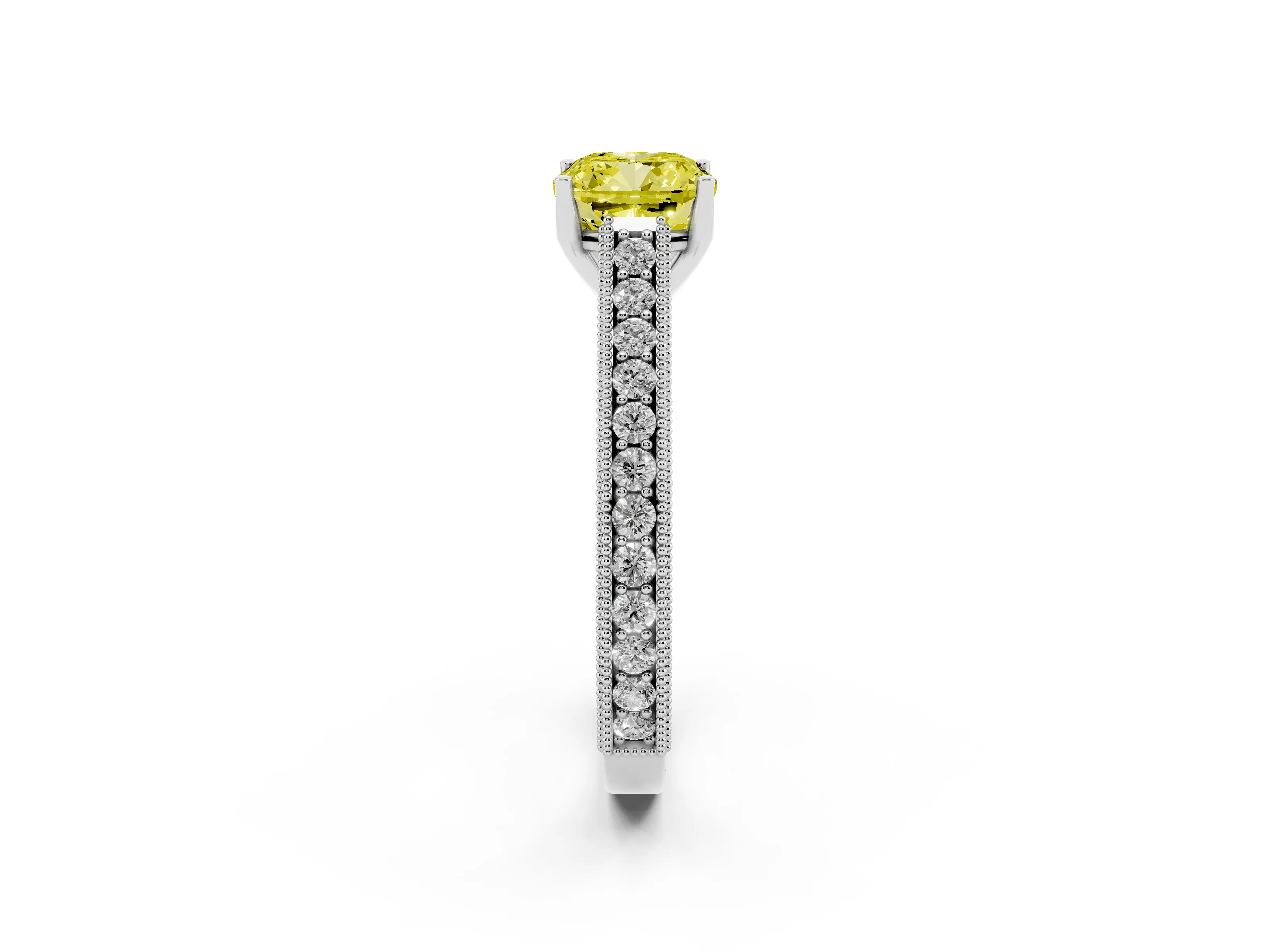 Fancy Yellow Cushion Cut Diamond Milgrain Pavé Band Solitaire Ring Set in White gold with Prong Setting