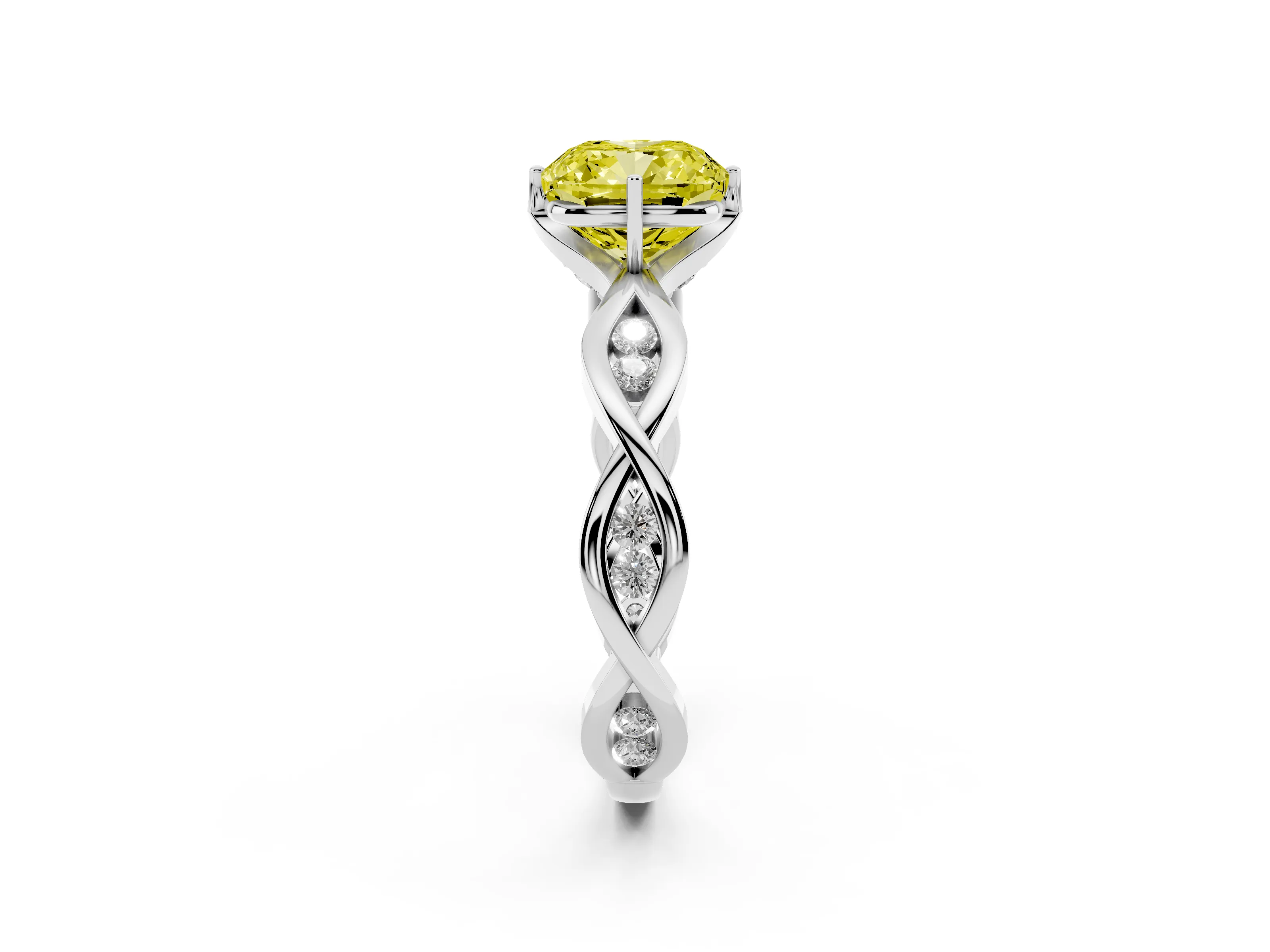 Fancy Yellow Cushion Cut Diamond Twist Band Solitaire Ring Set in Platinum with Leaf Prong Setting and Accent Stones