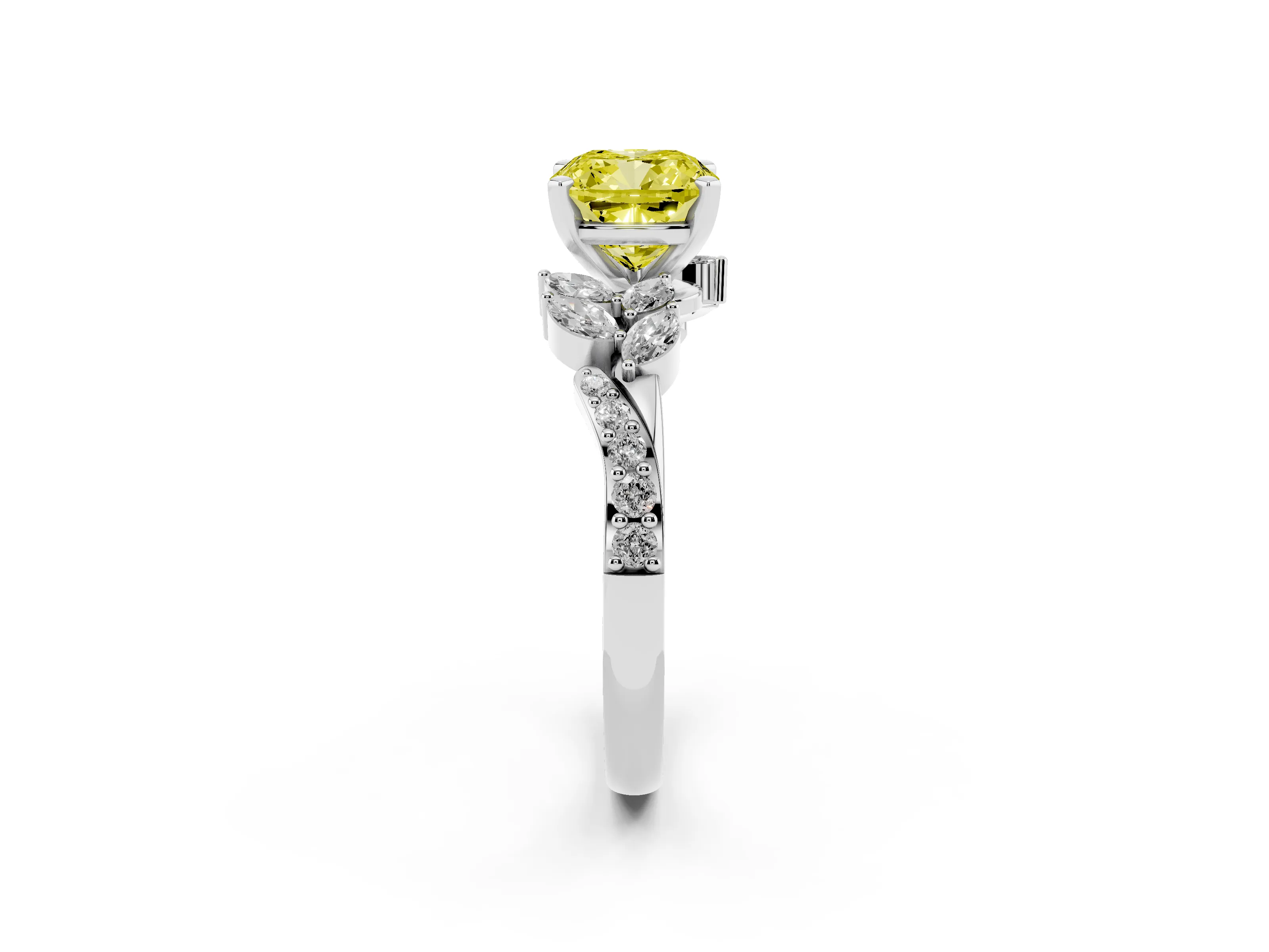 Fancy Yellow Cushion Cut Diamond Solitaire Ring Set in Platinum with Marquise Twist Band and Prong Setting