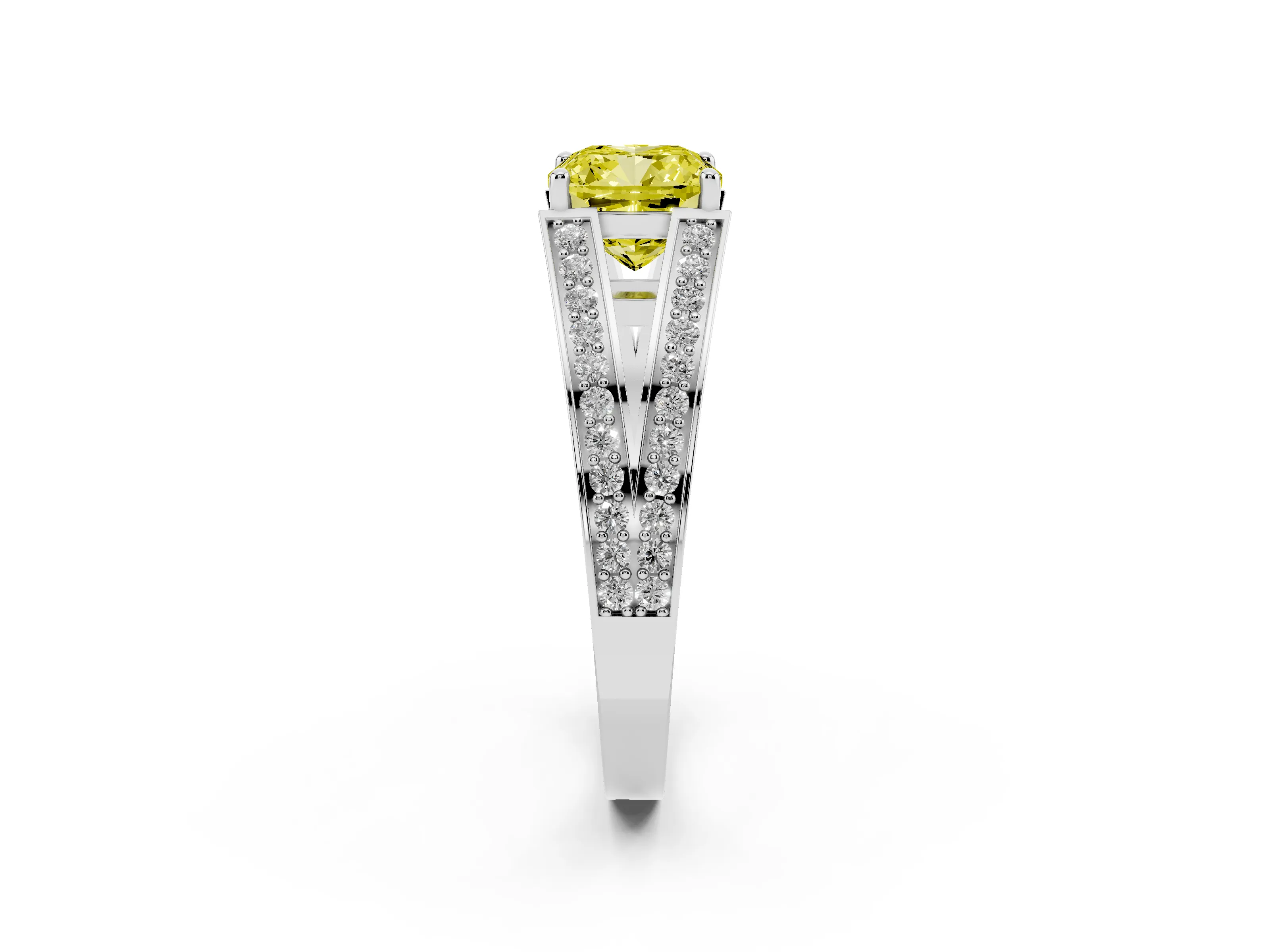 Fancy Yellow Cushion Cut Diamond Split Shank Ring Set in Platinum with Pavé Band and Prong Setting