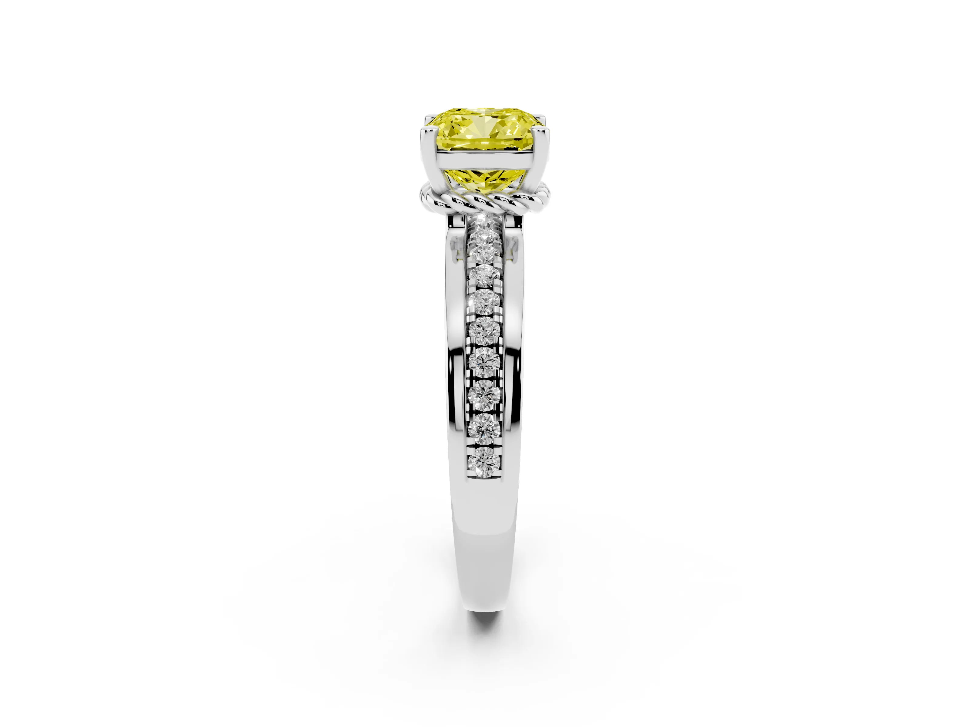 Fancy Yellow Cushion Cut Diamond Solitaire Ring Set in Silver with Channel Set Band and Prong Setting
