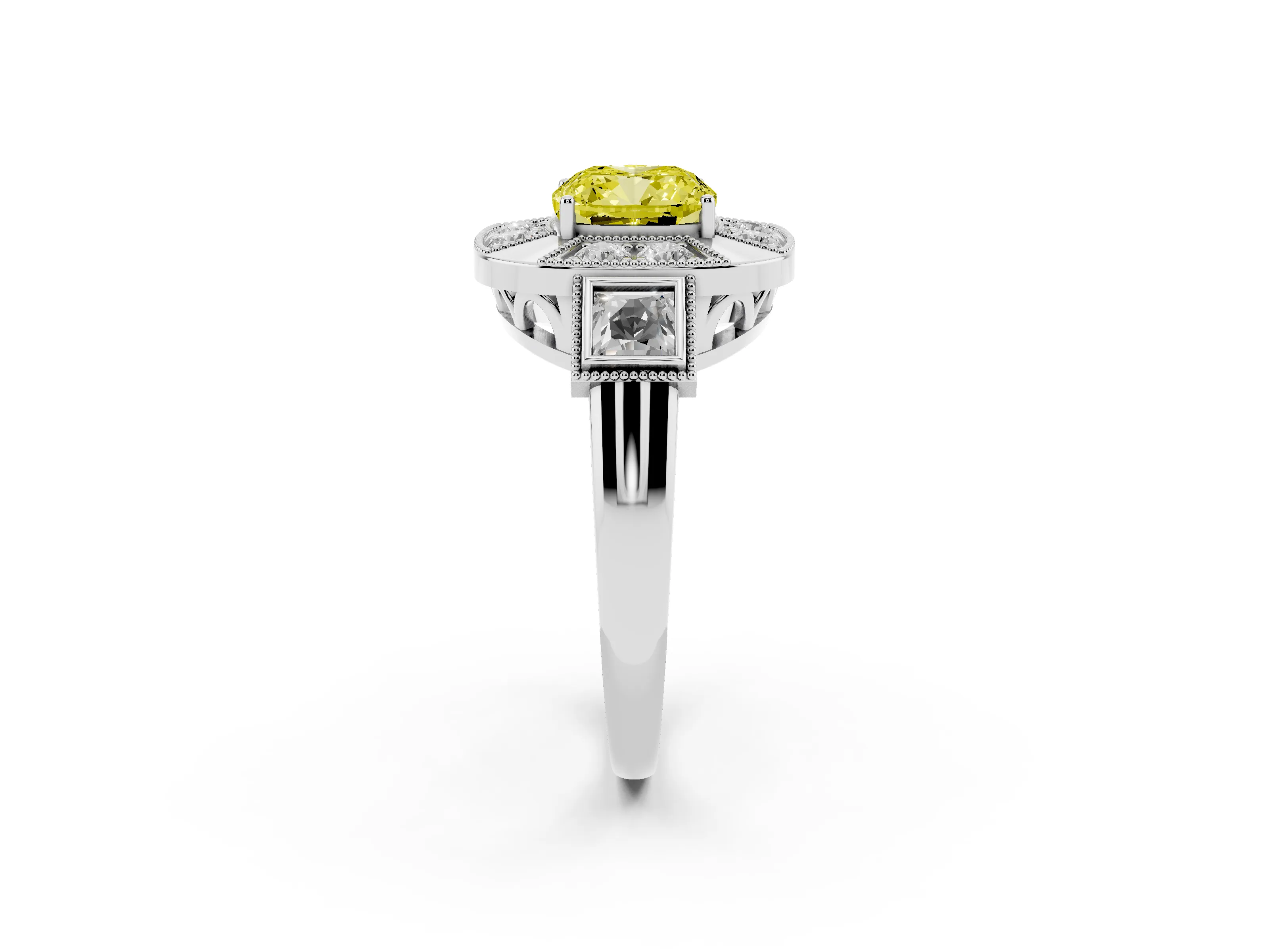 Fancy Yellow Cushion Cut Diamond Milgrain Halo Ring Set in White gold with Split Shank