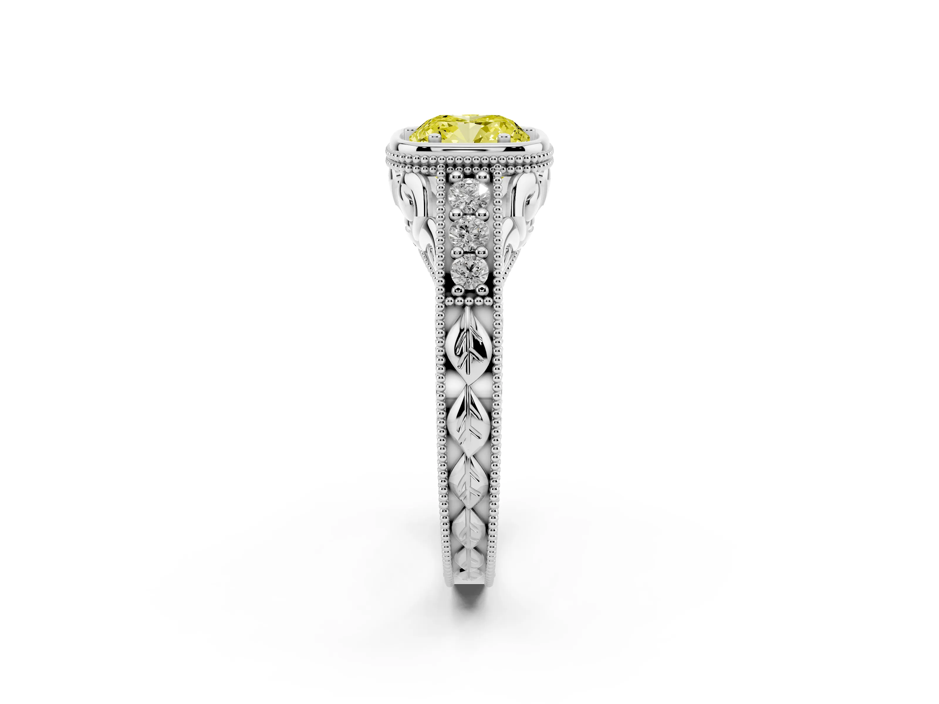 Fancy Yellow Bezel Set Cushion Cut Diamond Milgrain Pavé Engagement Ring Set in White gold
