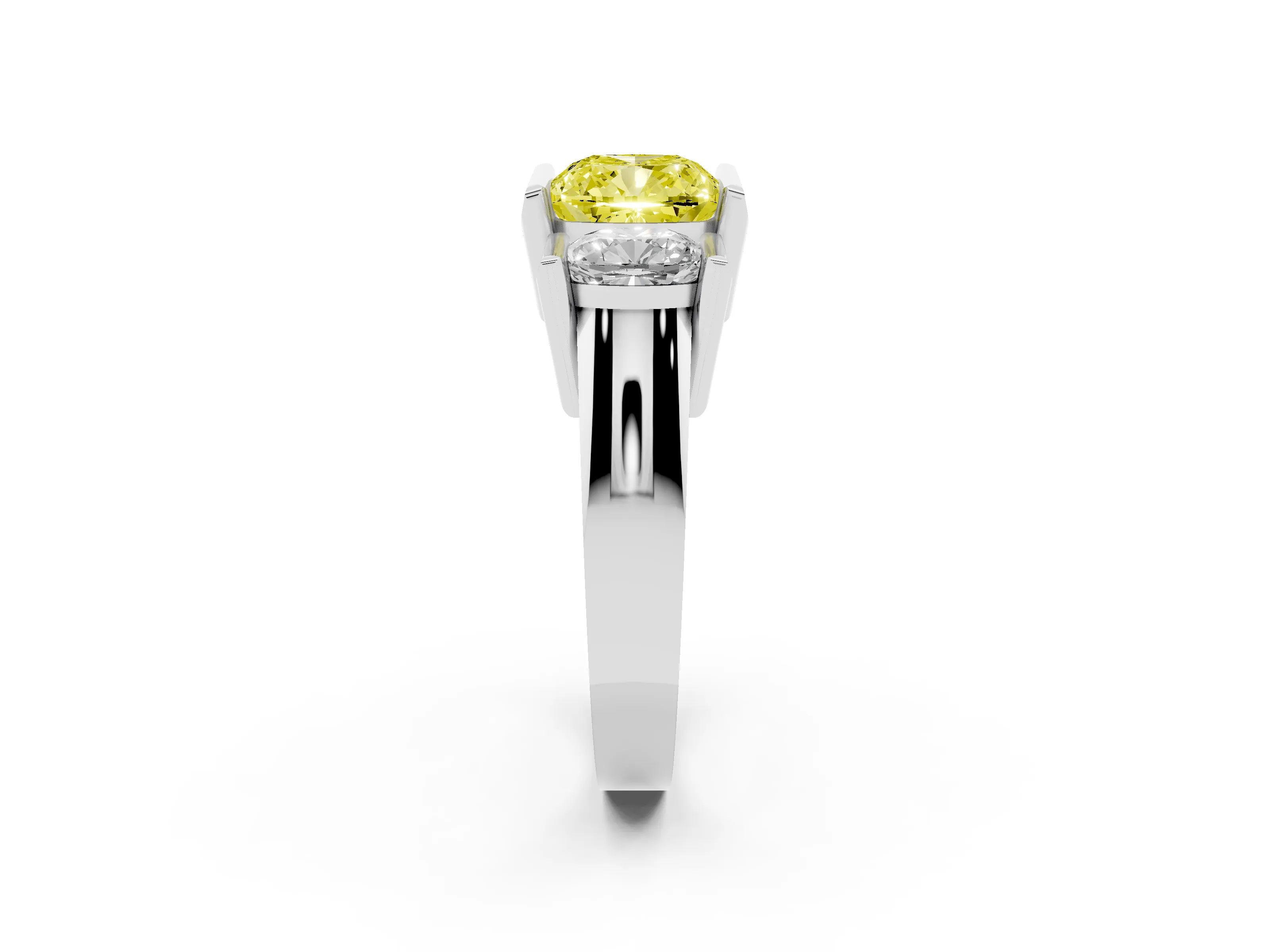 Fancy Yellow Cushion Cut Diamond Three-Stone Channel Set Ring Set in Platinum with Smooth Polished Band