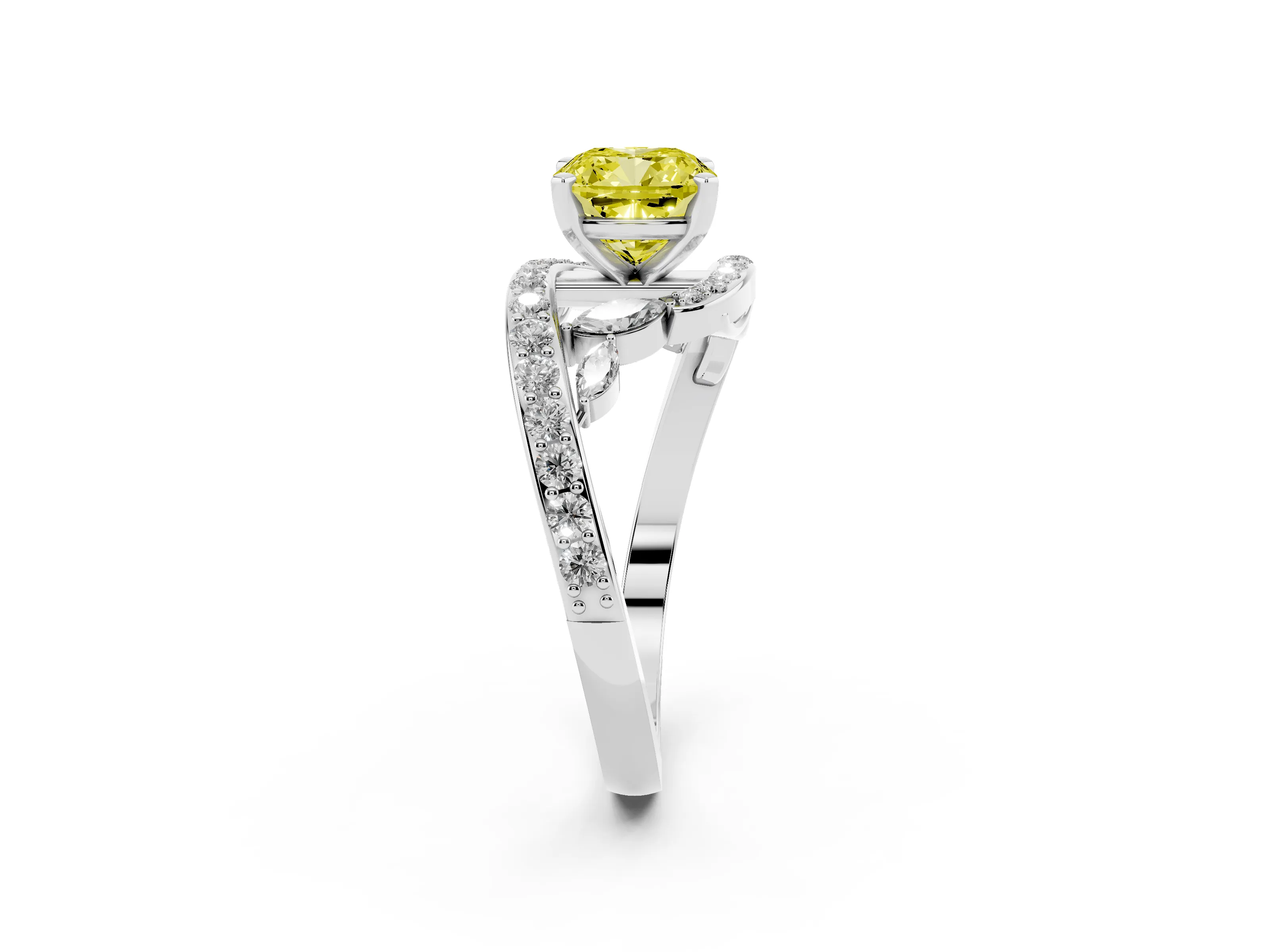 Fancy Yellow Cushion Cut Diamond Solitaire Ring Set in White gold with Pavé Twist Band and Secure Prong Setting