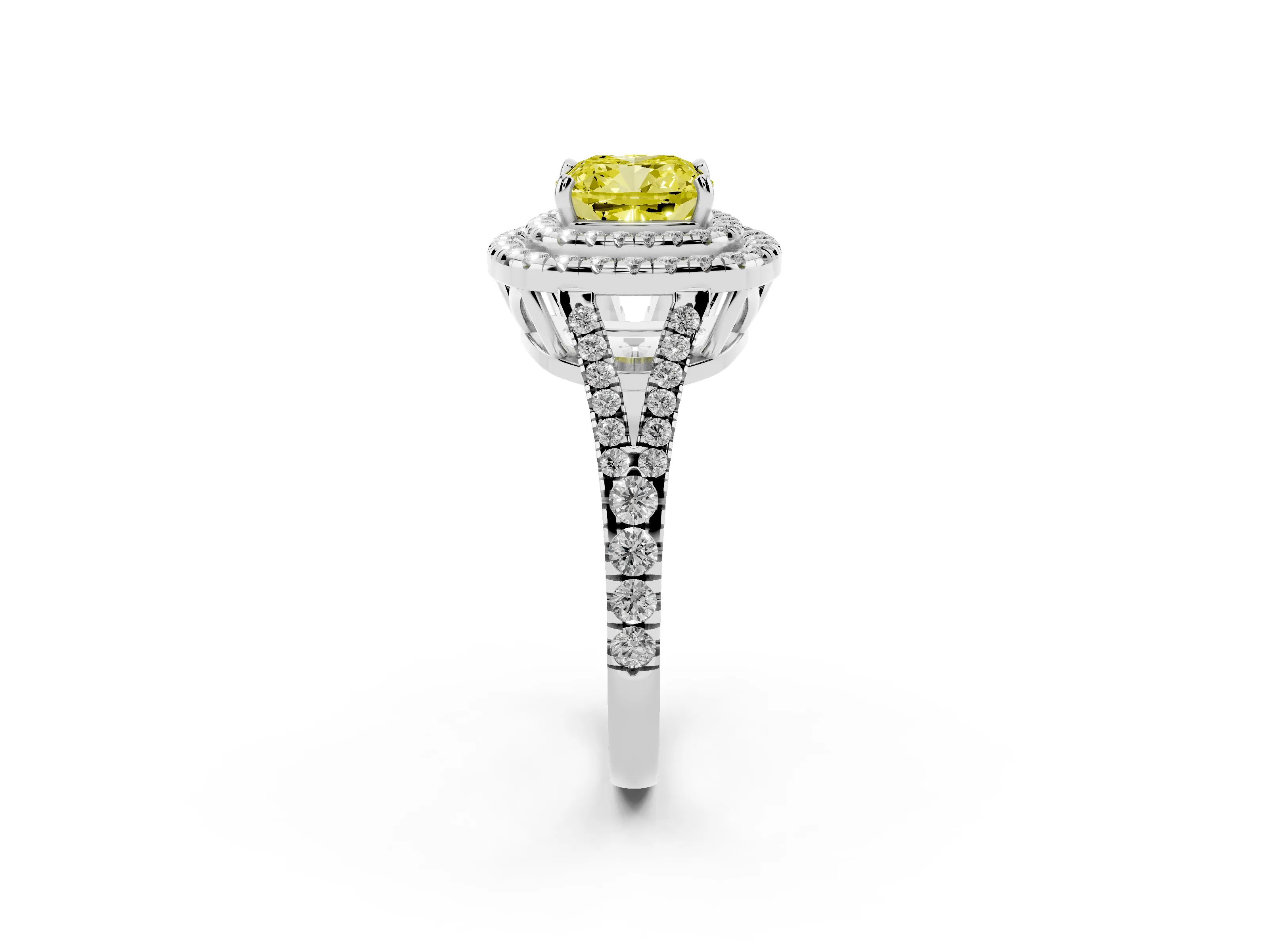 Fancy Yellow Cushion Cut Diamond Double Halo Ring Set in Platinum with Pavé Band