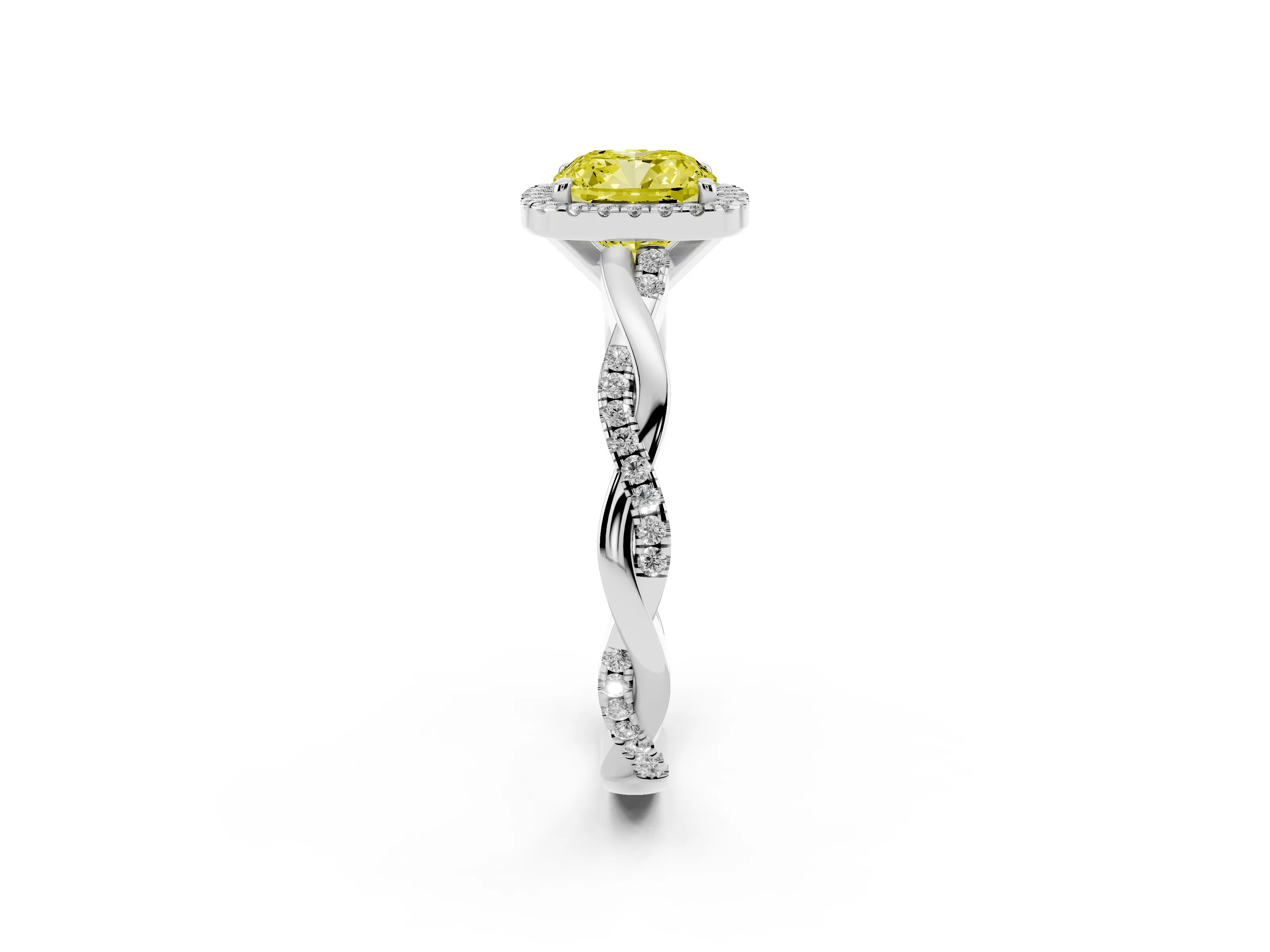 Fancy Yellow Cushion Cut Diamond Halo Twisted Band Ring Set in Silver with Prong Setting