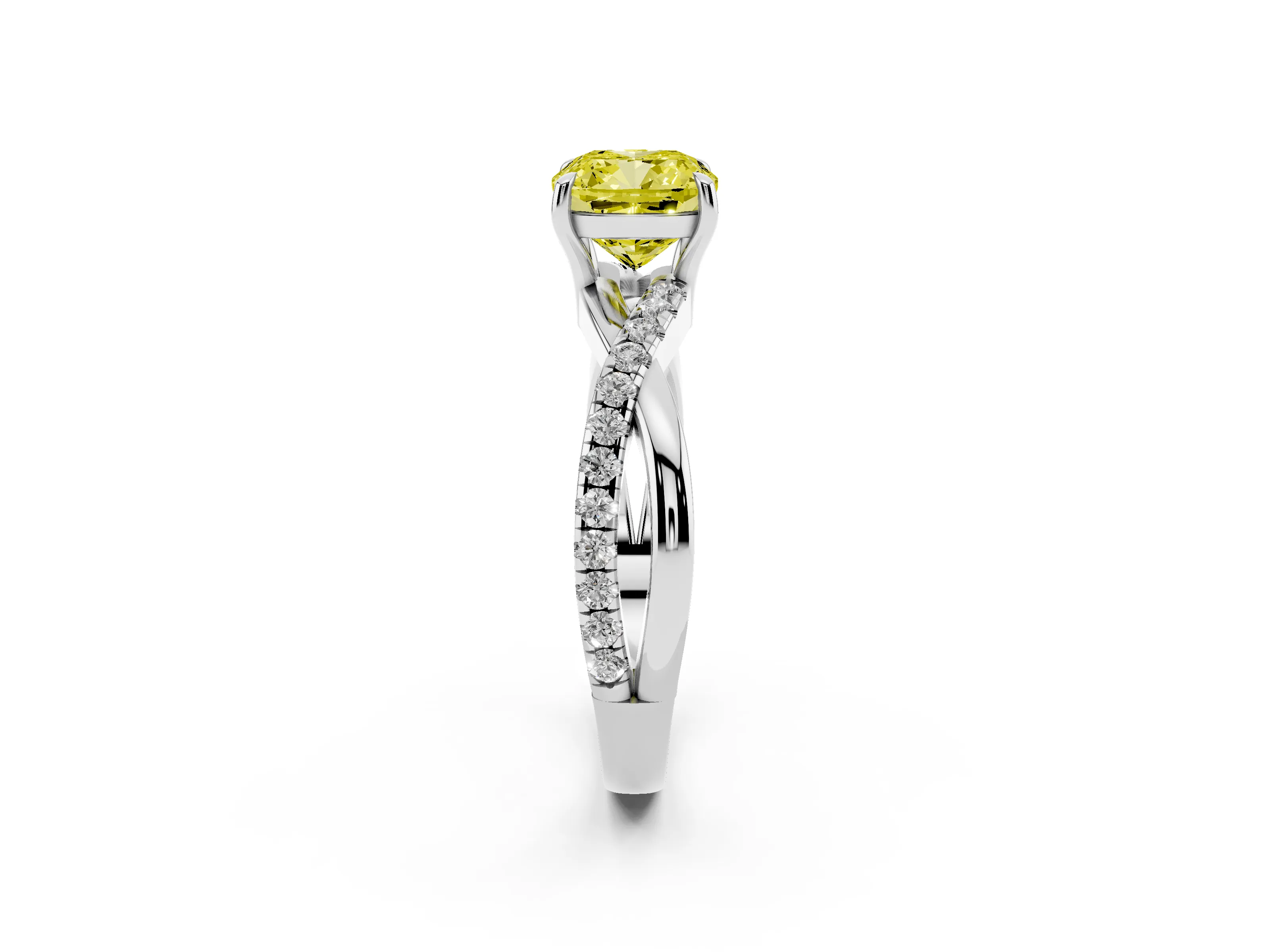 Fancy Yellow Cushion Cut Diamond Twisted Pavé Band Ring Set in Platinum with Prong Setting