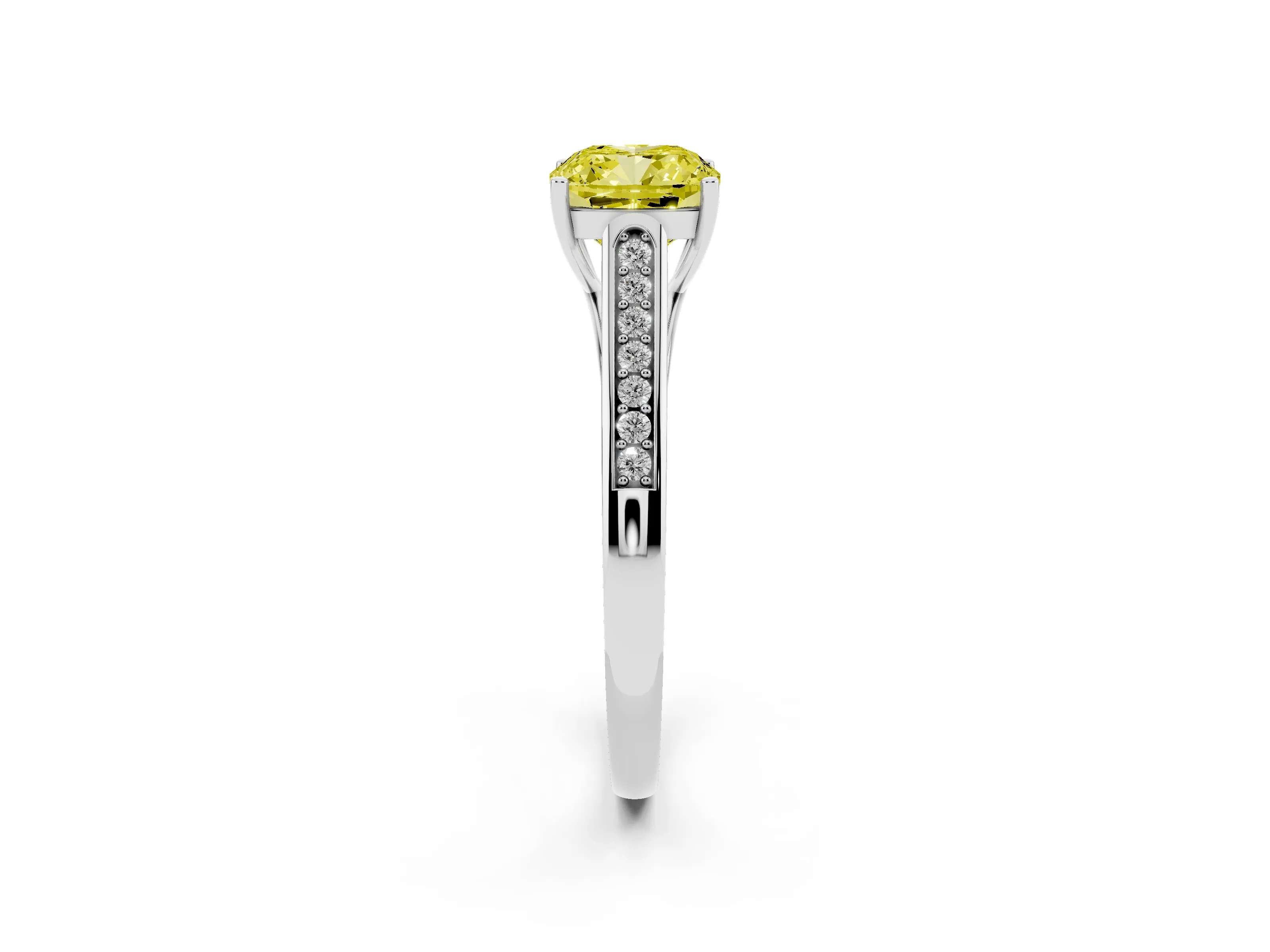 Fancy Yellow Cushion Cut Diamond Solitaire Cathedral Engagement Ring Set in Platinum with Channel-Set Band and Prong Setting