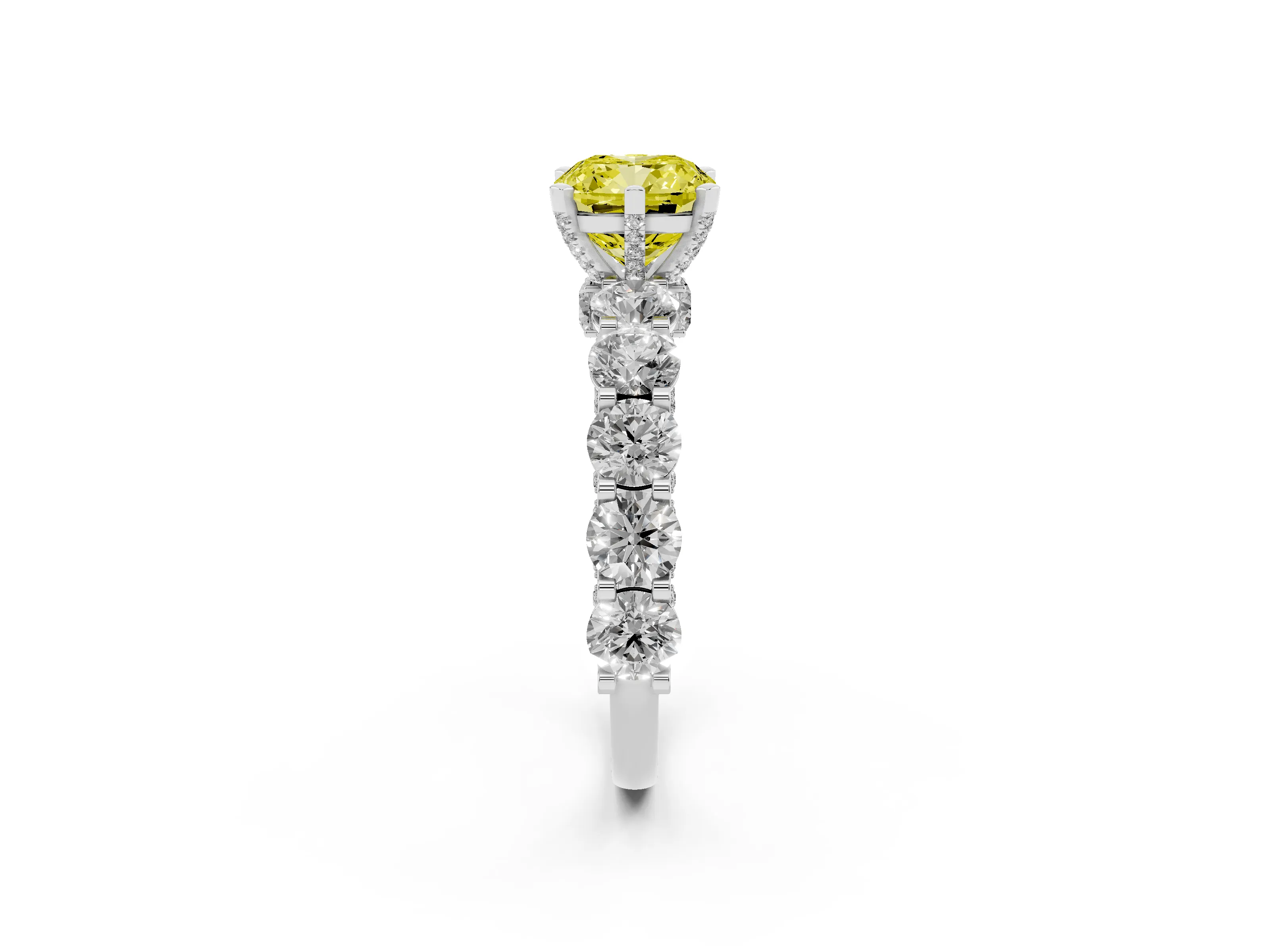 Fancy Yellow Cushion Cut Diamond Side Stone Ring Set in Silver with Alternating Round and Oval Side Stones
