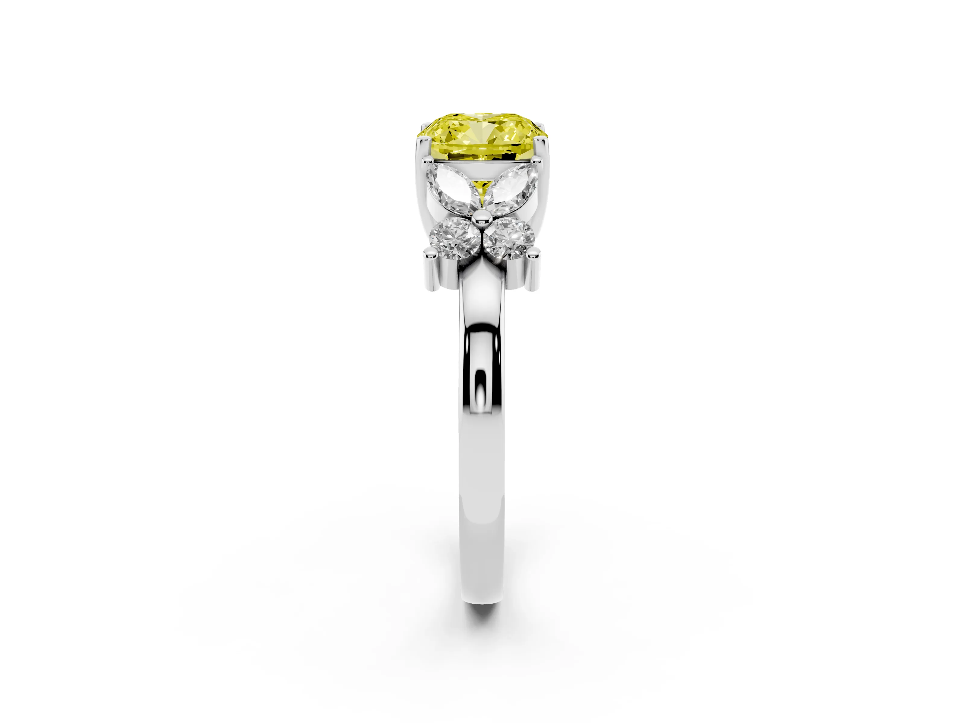 Fancy Yellow Cushion Cut Diamond Floral Cluster Ring Set in Platinum with Marquise Petals and Prong Setting
