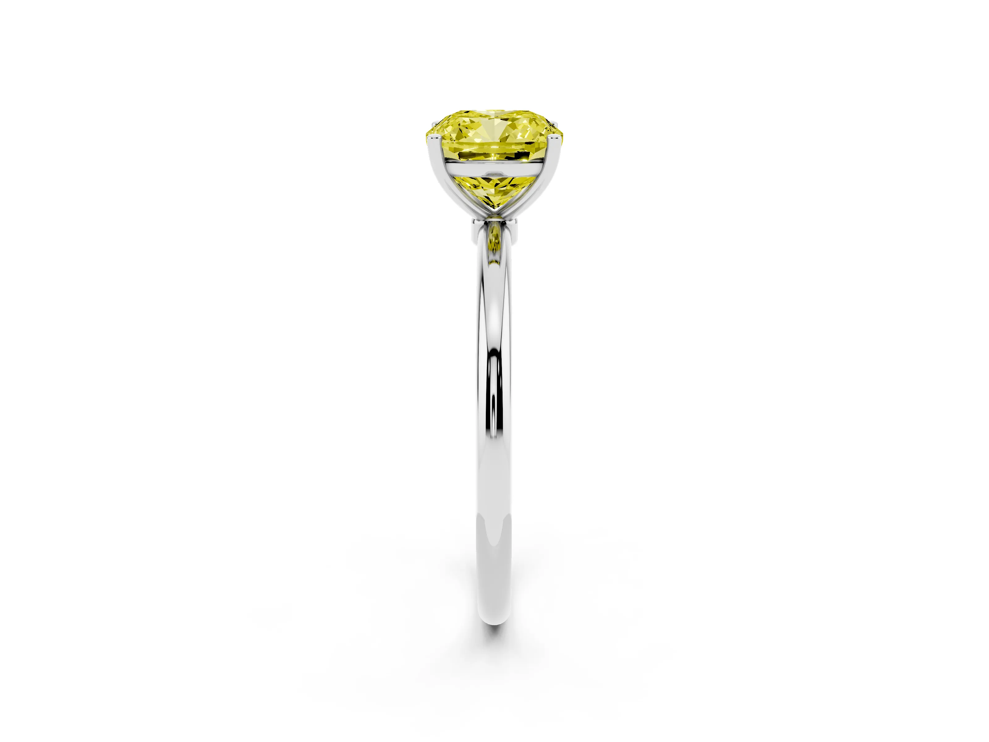 Fancy Yellow Cushion Cut Diamond Solitaire Engagement Ring Set in White gold with Thin Band and Prong Setting