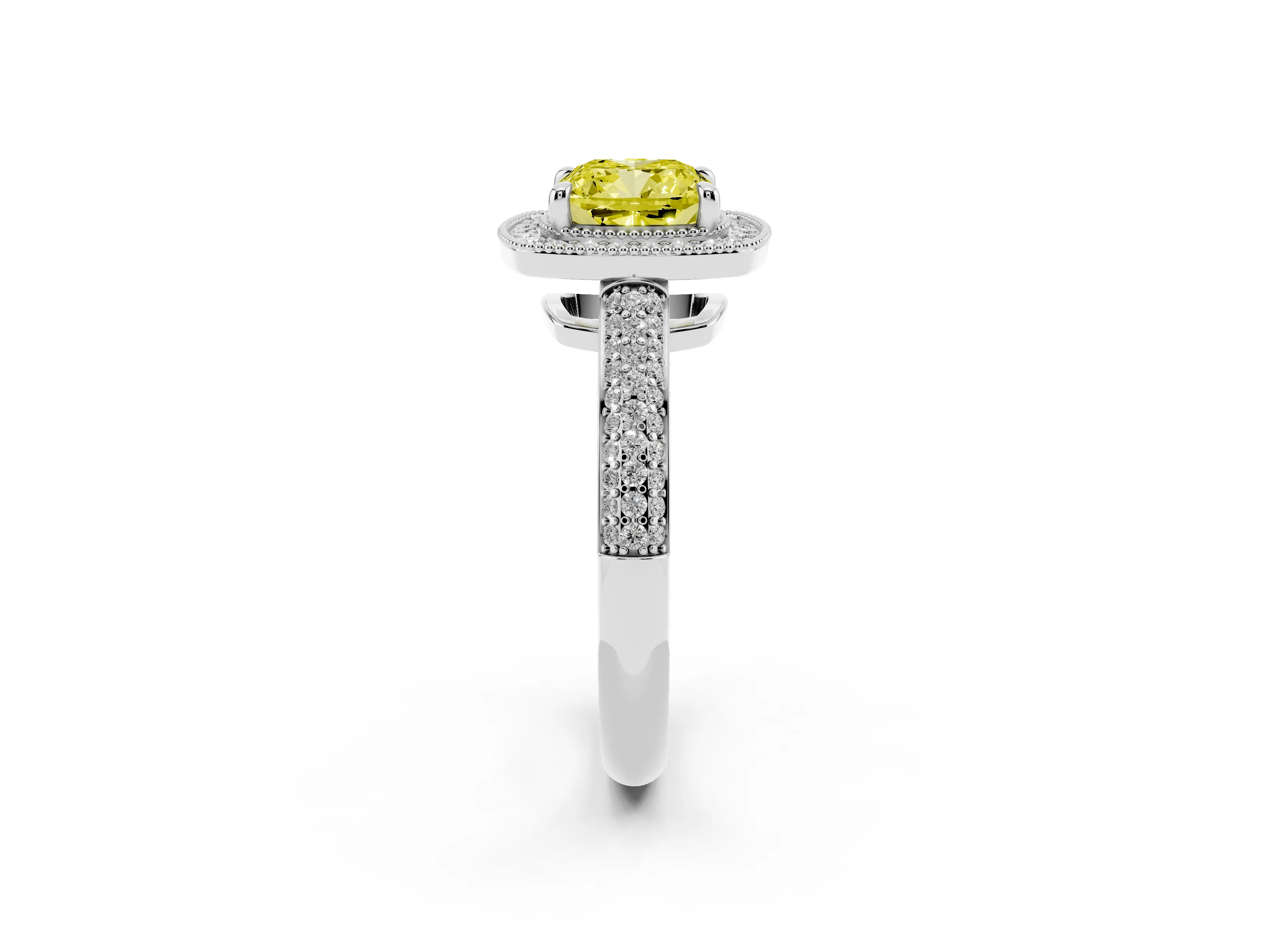 Fancy Yellow Cushion Cut Diamond Halo Pavé Band Set in Platinum with Prong Setting
