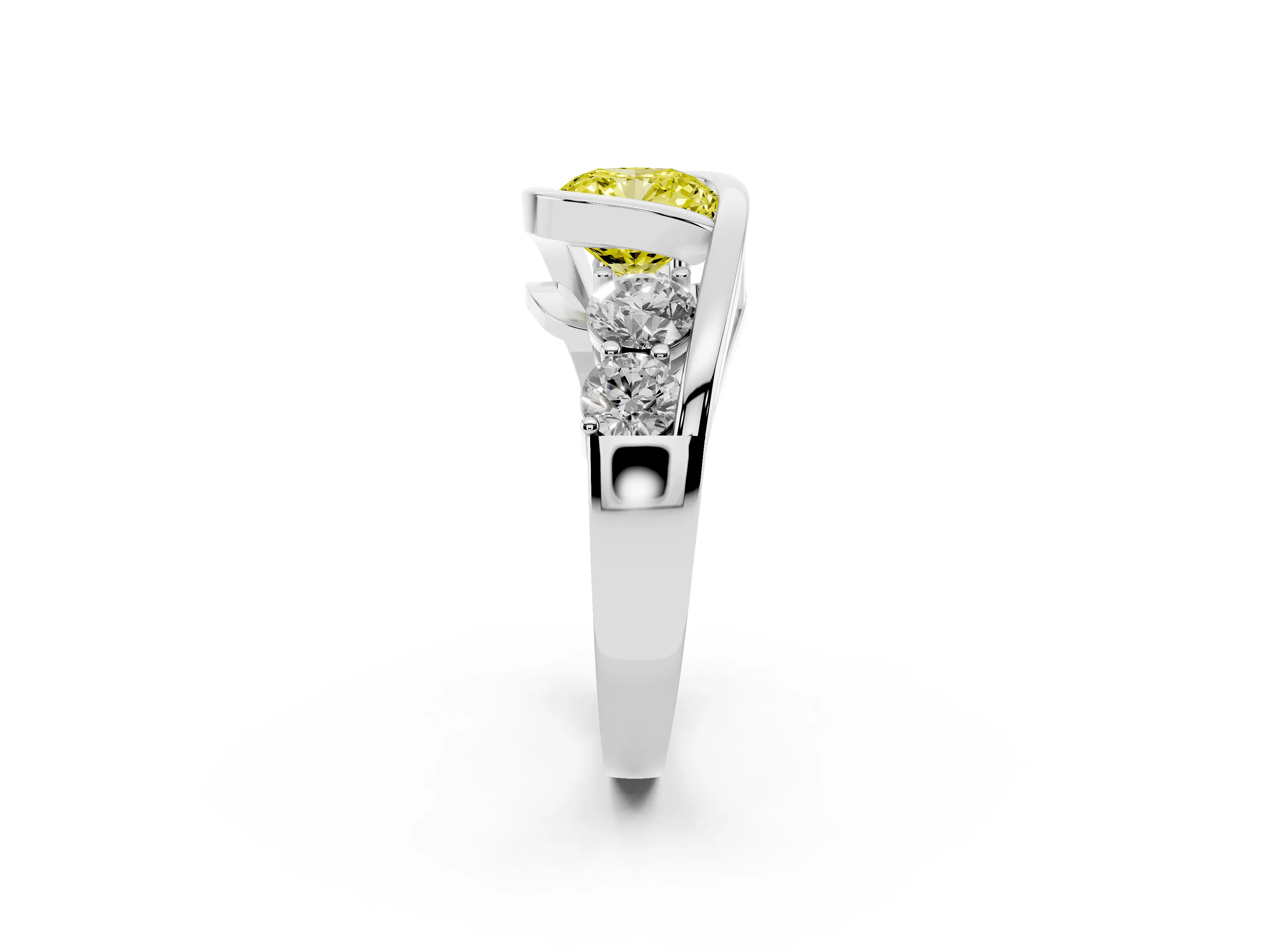 Fancy Yellow Cushion Cut Diamond Bezel Bypass Ring Set in Silver with Round Accents