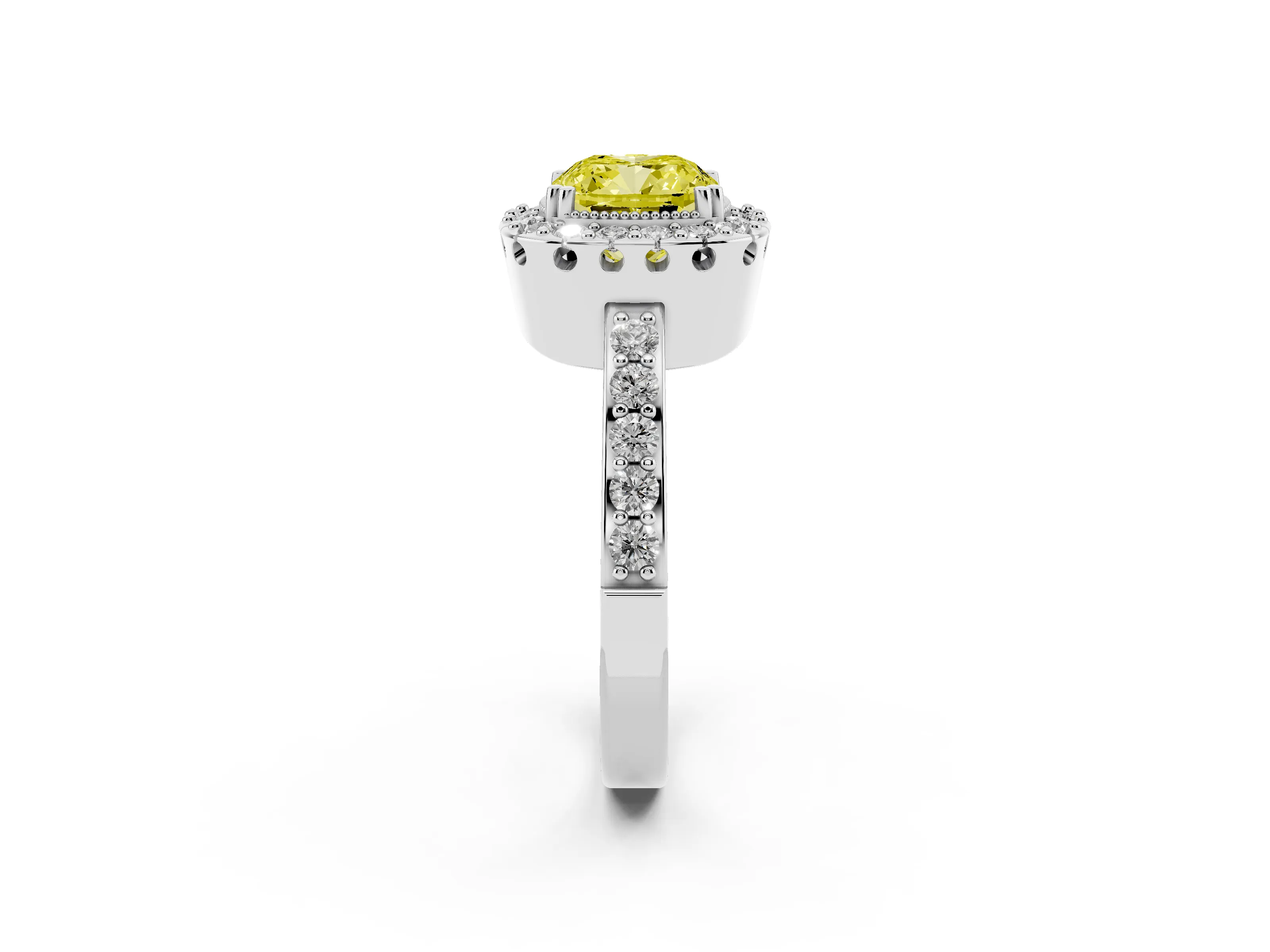 Fancy Yellow Cushion Cut Diamond Halo Ring Set in White gold with Pavé Shank and Prong Setting