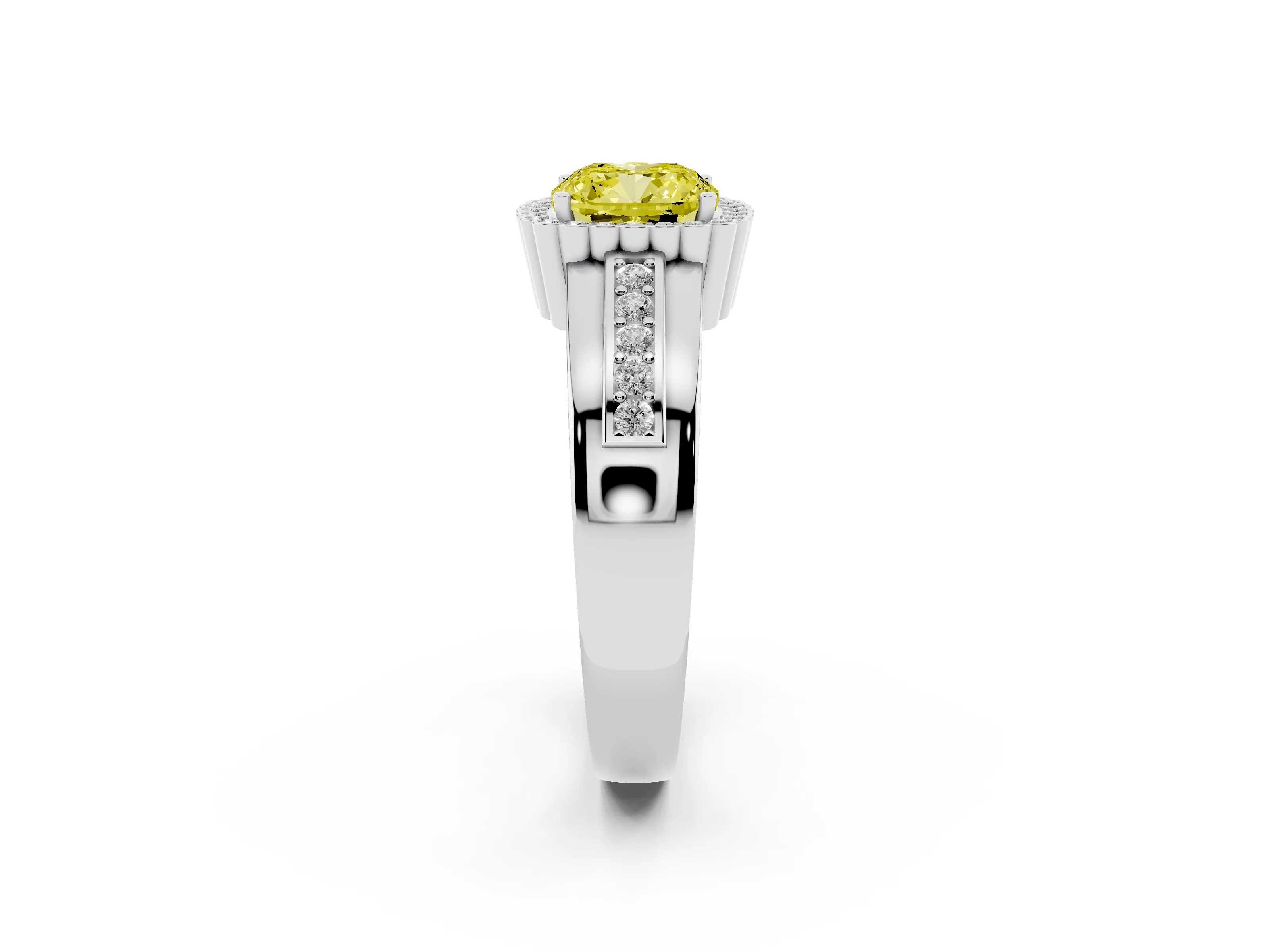 Fancy Yellow Cushion Cut Diamond Halo Prong Ring Set in White gold with Pavé Band