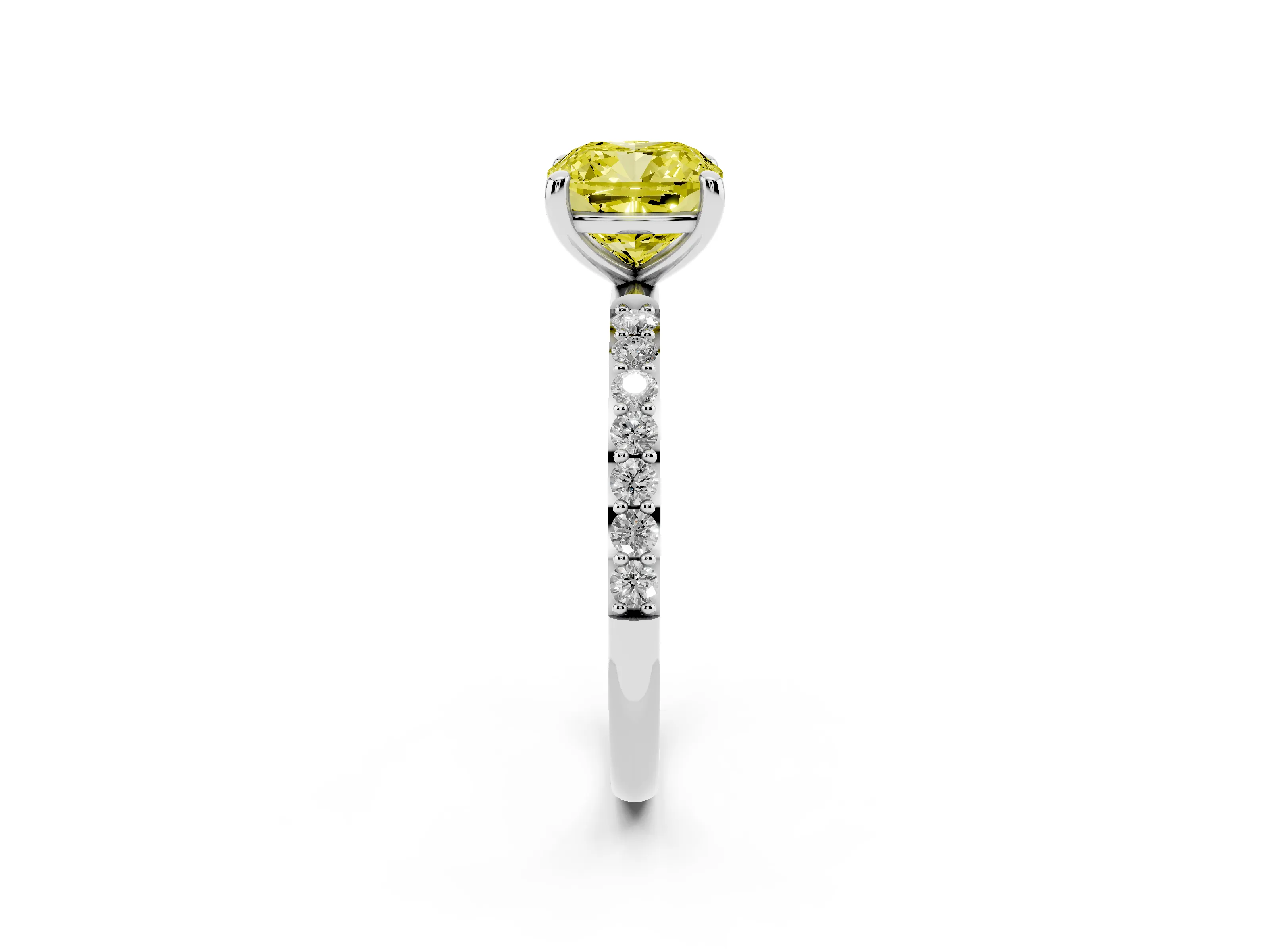 Fancy Yellow Cushion Cut Diamond Solitaire Ring Set in Silver with Round Pavé Band and Prong Setting