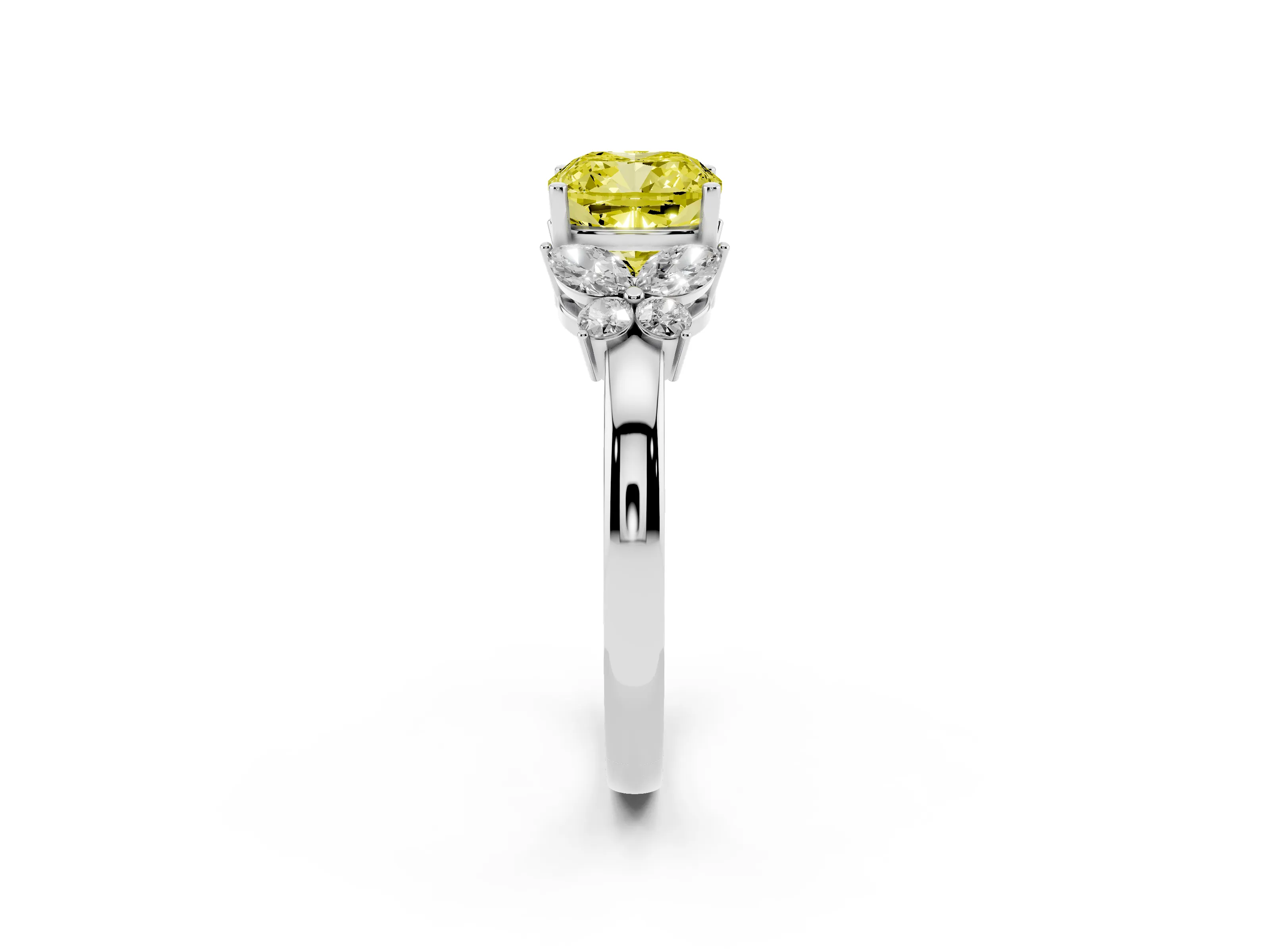 Fancy Yellow Cushion Cut Diamond Solitaire Floral Ring Set in Platinum with Marquise Petals and Prong Setting