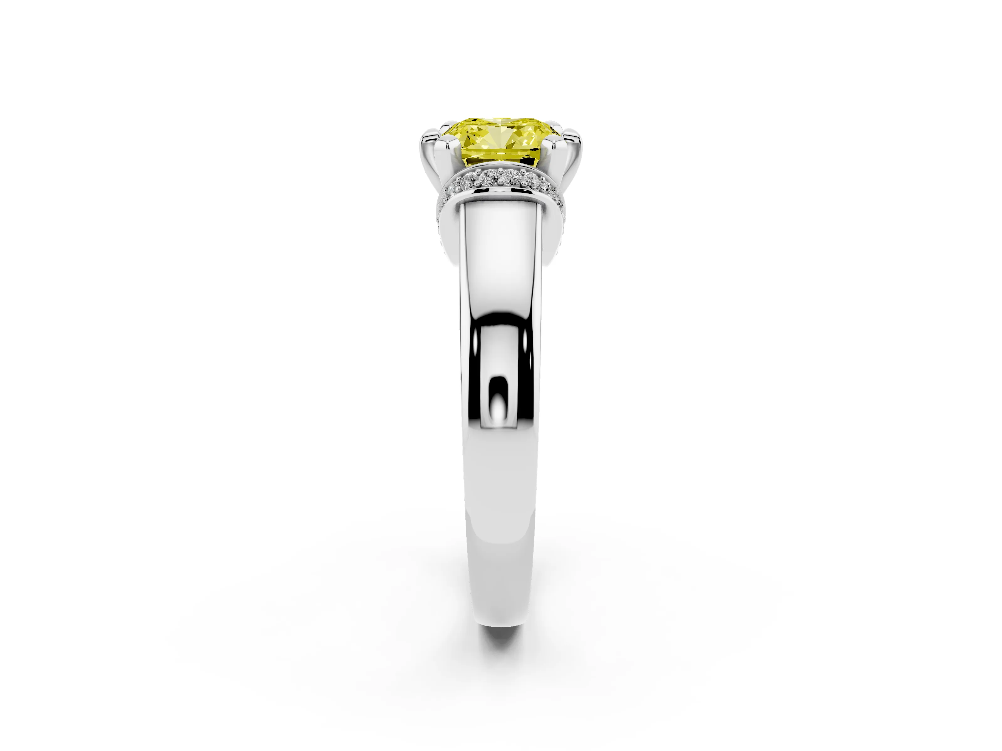 Fancy Yellow Cushion Cut Diamond Pavé Band Solitaire Ring Set in Silver with Prong Setting