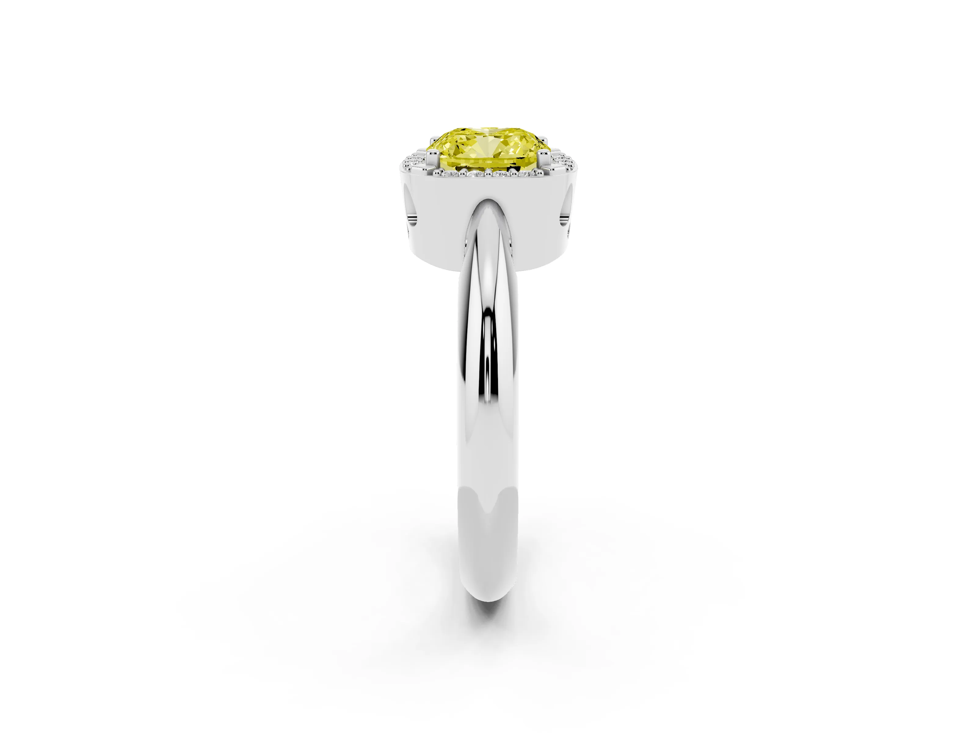 Fancy Yellow Cushion Cut Diamond Halo Engagement Ring Set in Silver with Plain Split Shank and Prong Setting