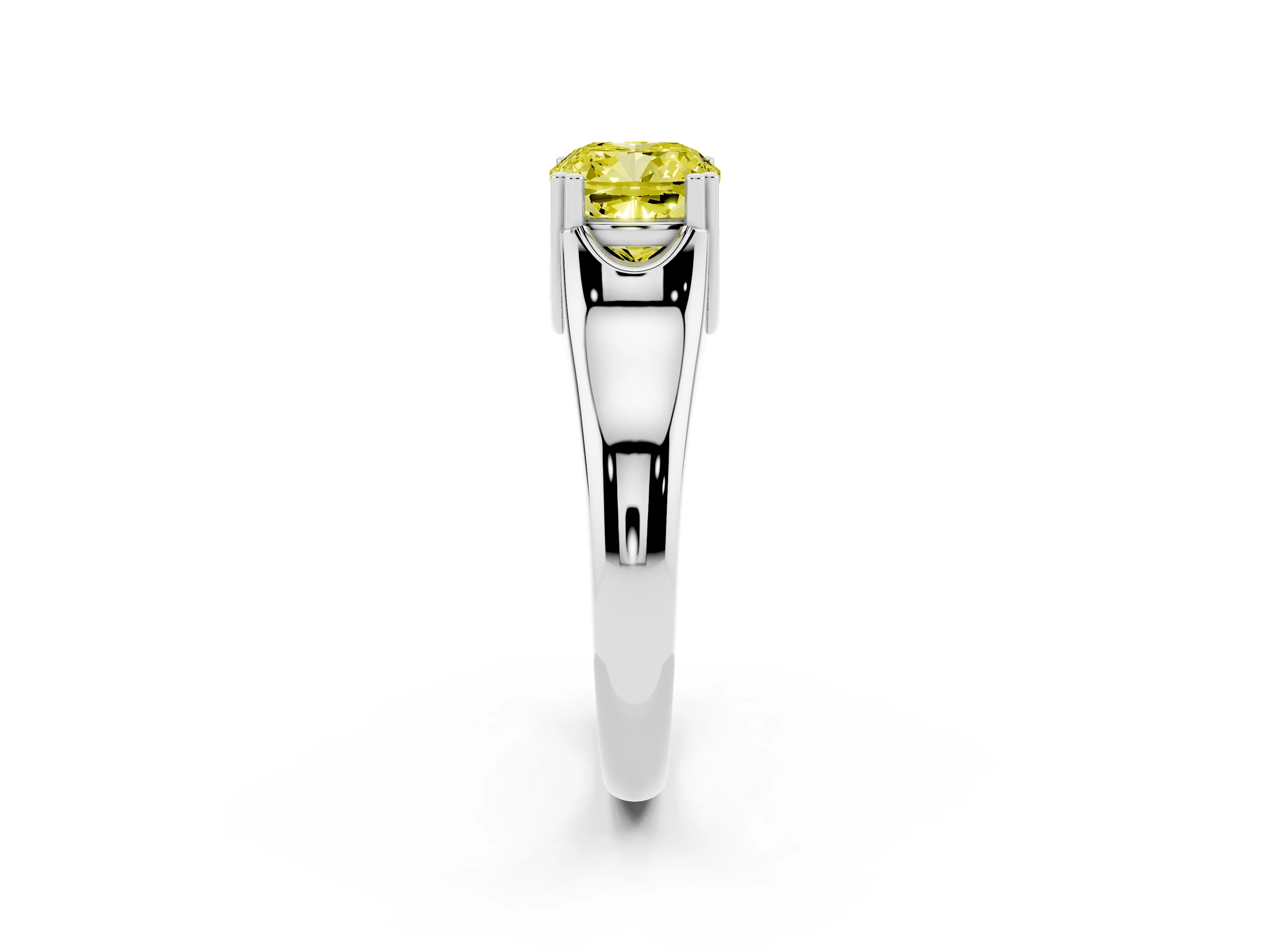 Fancy Yellow Cushion Cut Diamond Solitaire Ring Set in Silver with Wide Band and Prong Setting