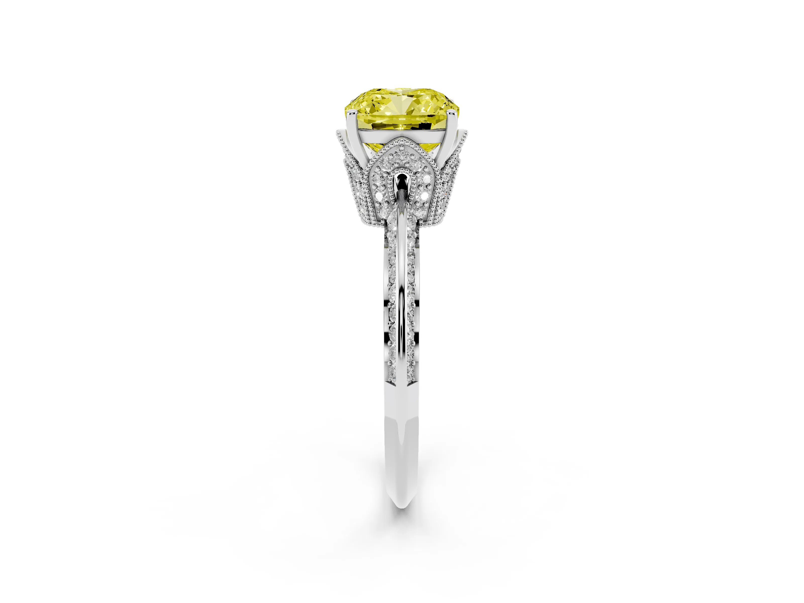 Fancy Yellow Cushion Cut Diamond Solitaire Engagement Ring Set in Platinum with Pavé Split Shank and Prong Setting