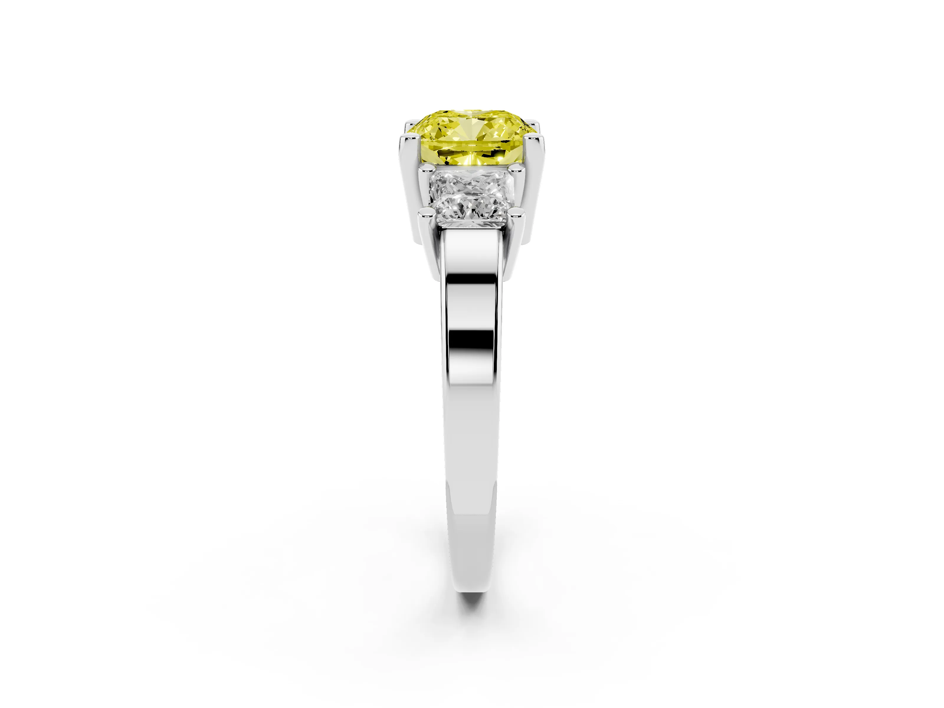 Fancy Yellow Three-Stone Cushion Cut Diamond Solitaire Ring Set in Silver with Prong Setting
