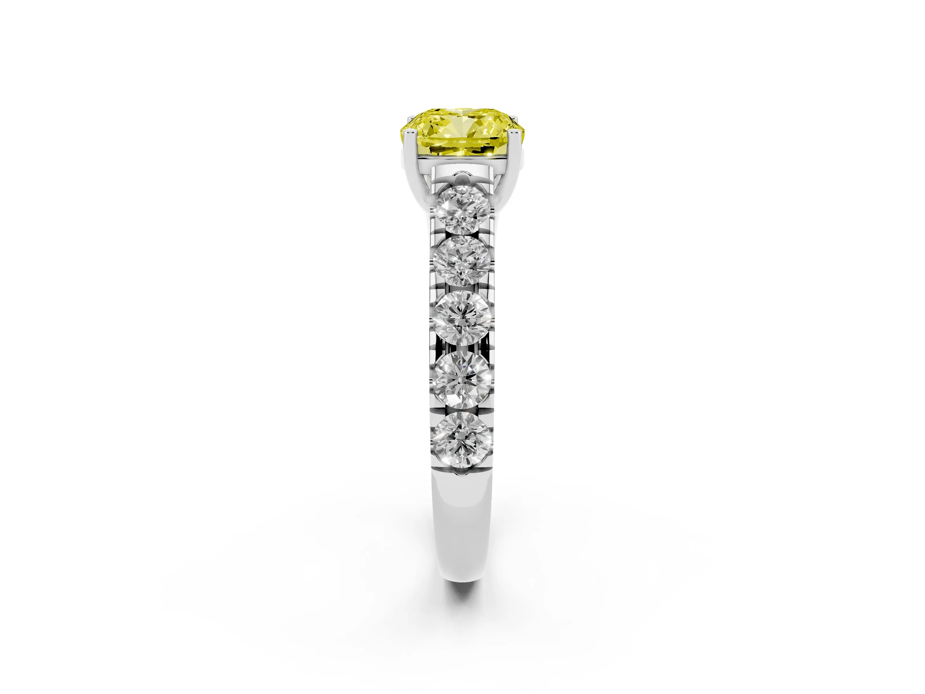 Fancy Yellow Cushion Cut Diamond Solitaire Ring Set in Platinum with Cut-Down Micro Pavé Band and Prong Setting