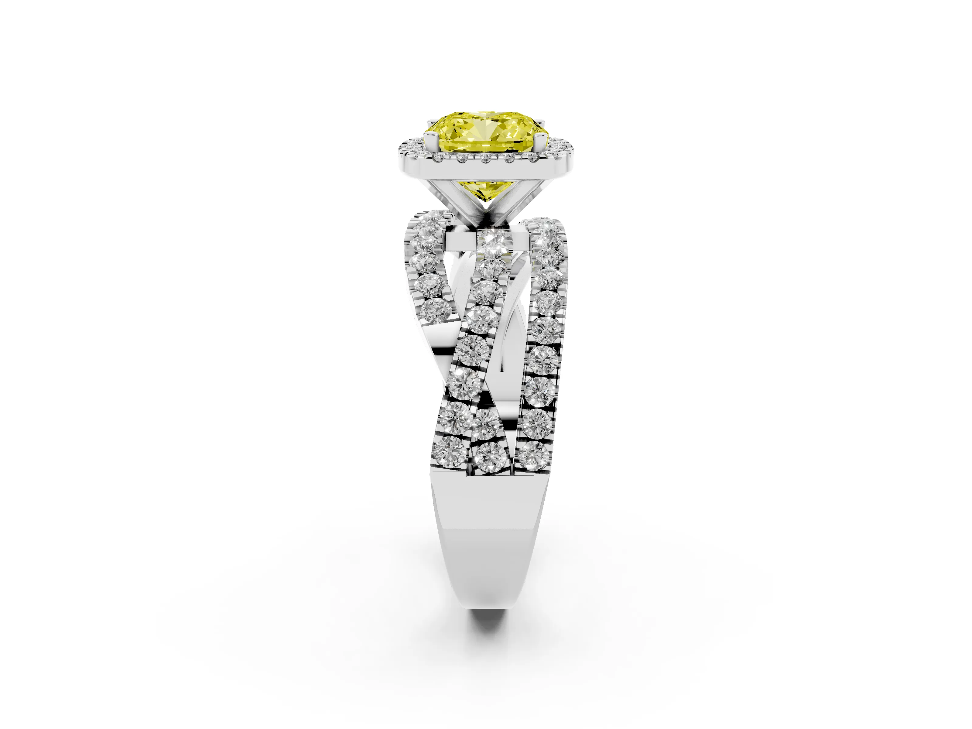 Fancy Yellow Cushion Cut Diamond Halo Ring Set in Platinum with Round Crossover Split Shank and Prong Setting