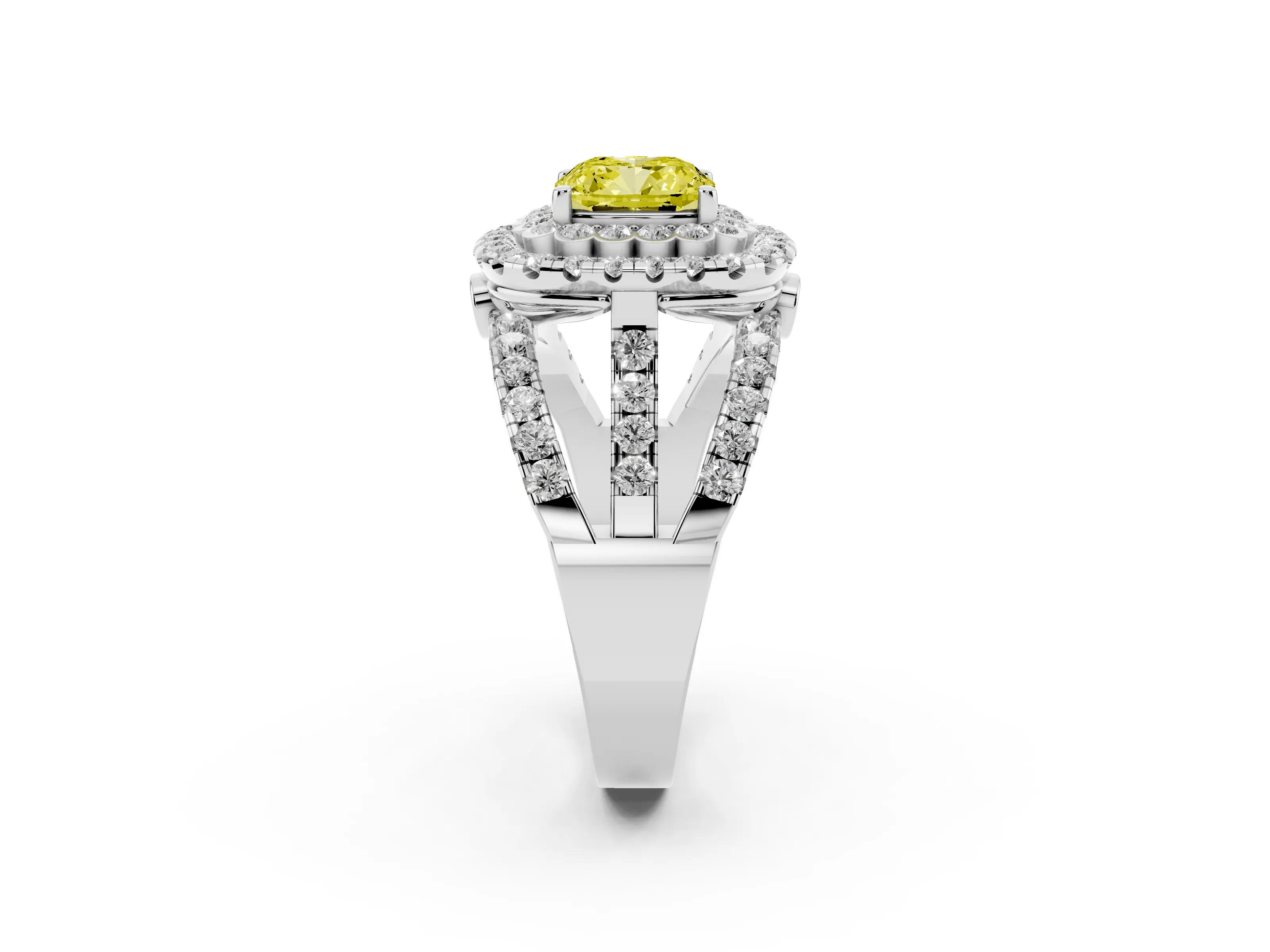 Fancy Yellow Cushion Cut Diamond Double Halo Ring Set in Silver with Round Pavé Split Shank