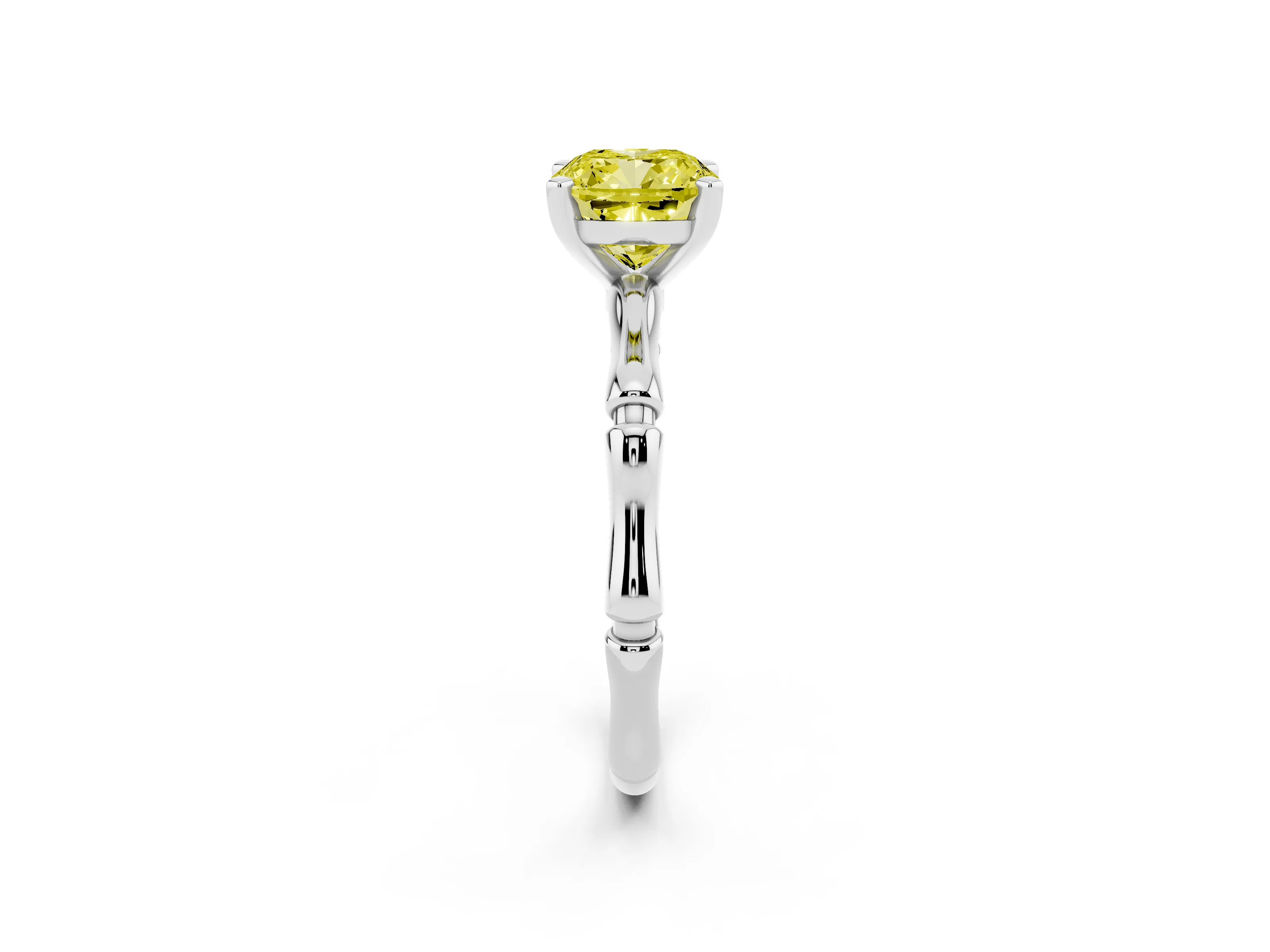 Fancy Yellow Cushion Cut Diamond Solitaire Ring Set in Silver with Bamboo Band and Prong Setting